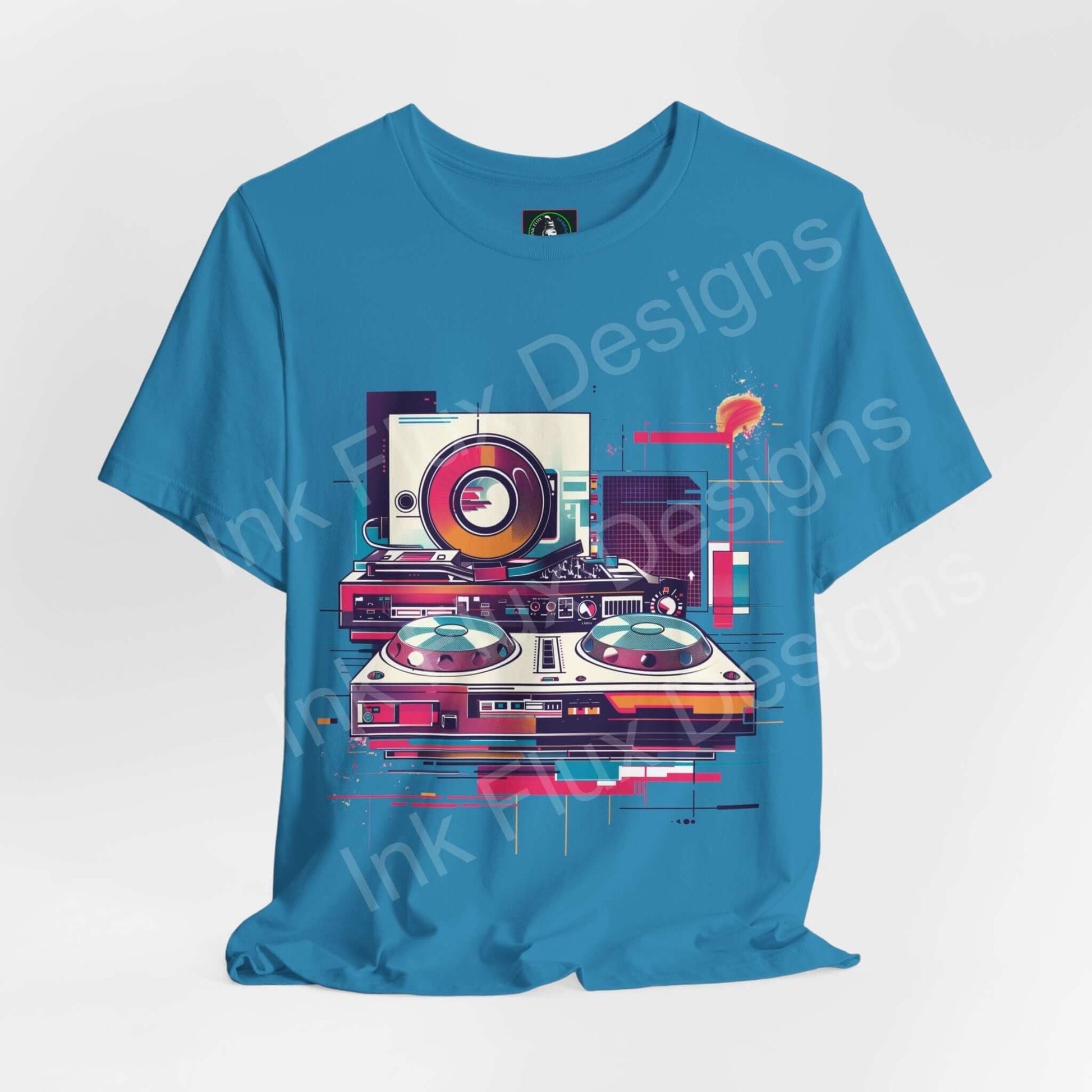 Bold graphic tee featuring an abstract DJ gear design on a turquoise unisex jersey T-shirt, showcasing dual turntables and vibrant accents.