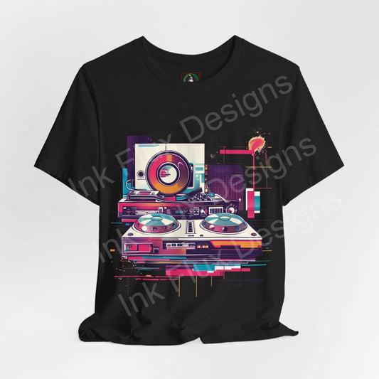Black unisex jersey T-shirt featuring a vibrant, abstract DJ gear graphic with bold colors and intricate designs, perfect for music enthusiasts.