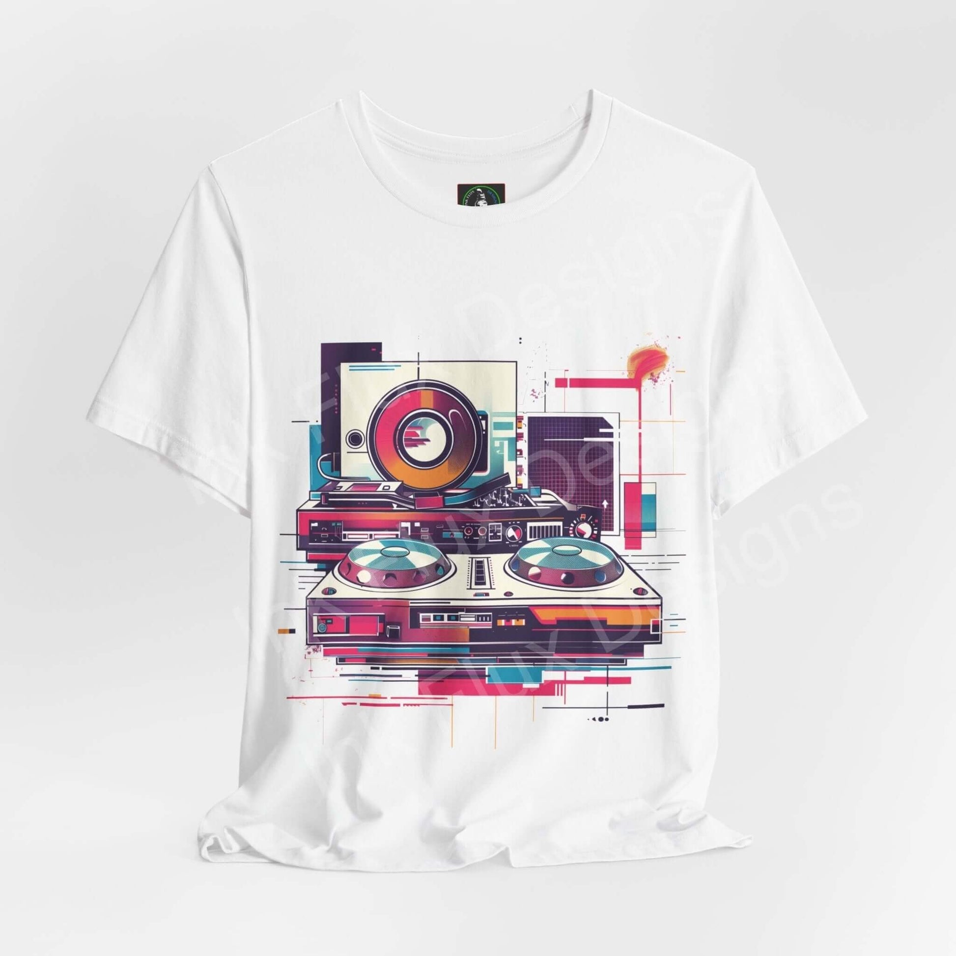 White unisex jersey T-shirt featuring bold graphic abstract DJ gear design, made from breathable Airlume cotton, by Bella+Canvas.