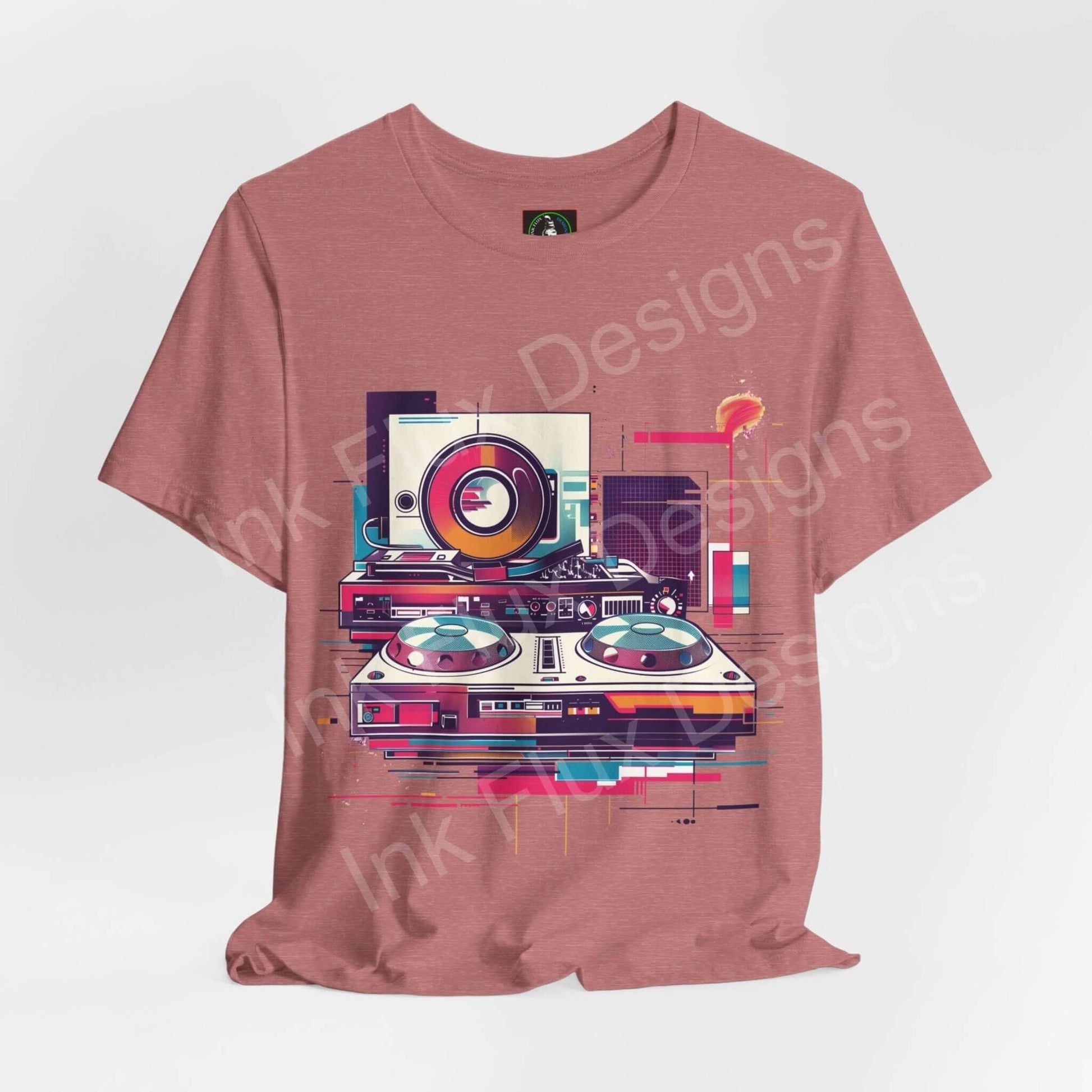 Abstract DJ gear graphic tee in rose color featuring turntables and vibrant prints, perfect for music enthusiasts and casual wear.