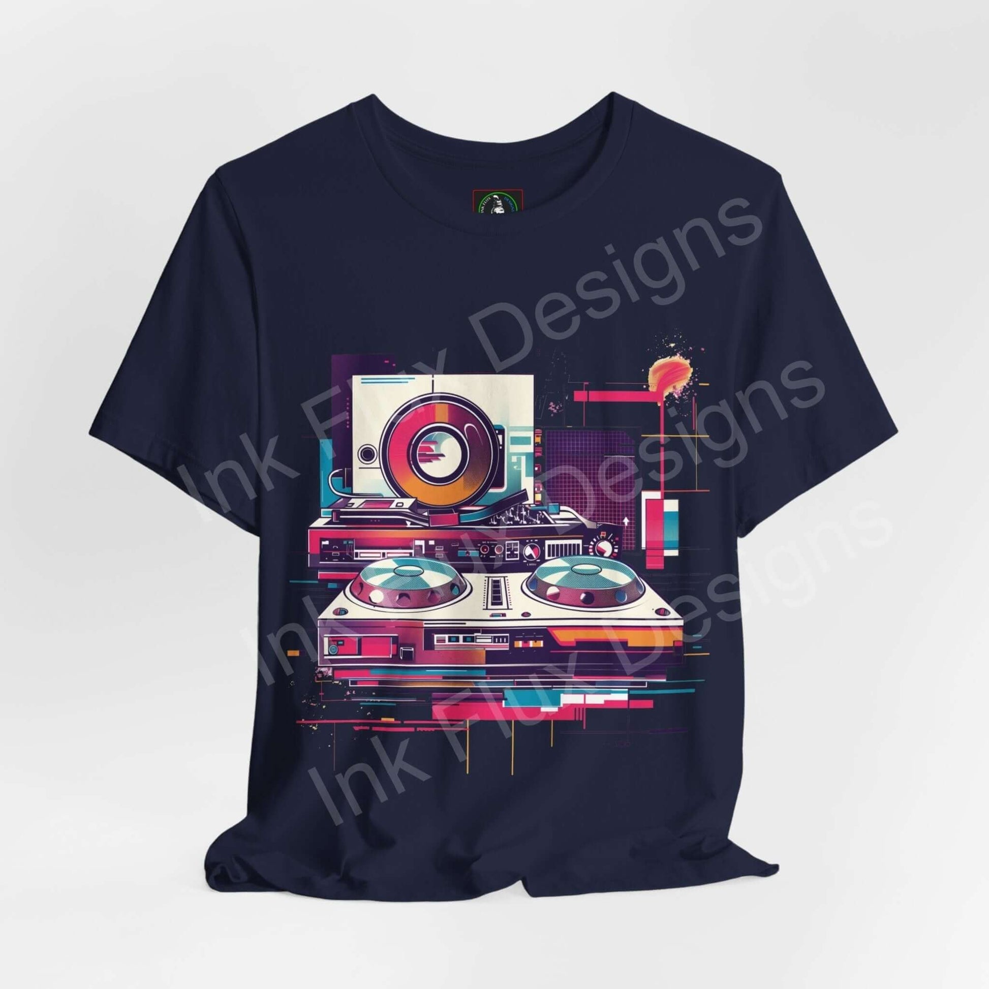 Unisex dark navy T-shirt featuring a vibrant abstract DJ gear graphic design, crafted from breathable cotton, ideal for music enthusiasts.