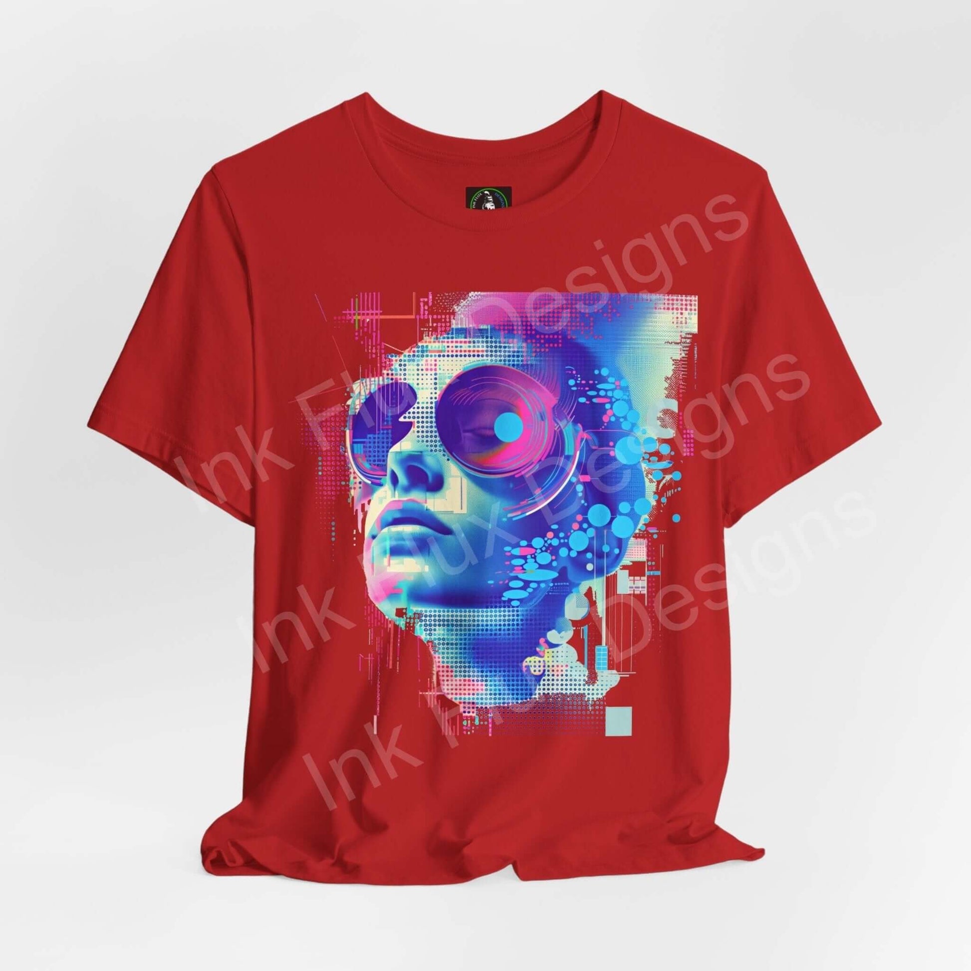 Red cyberpunk graphic tee featuring an abstract portrait design, tailored with ribbed collar and dual side seams for durability.