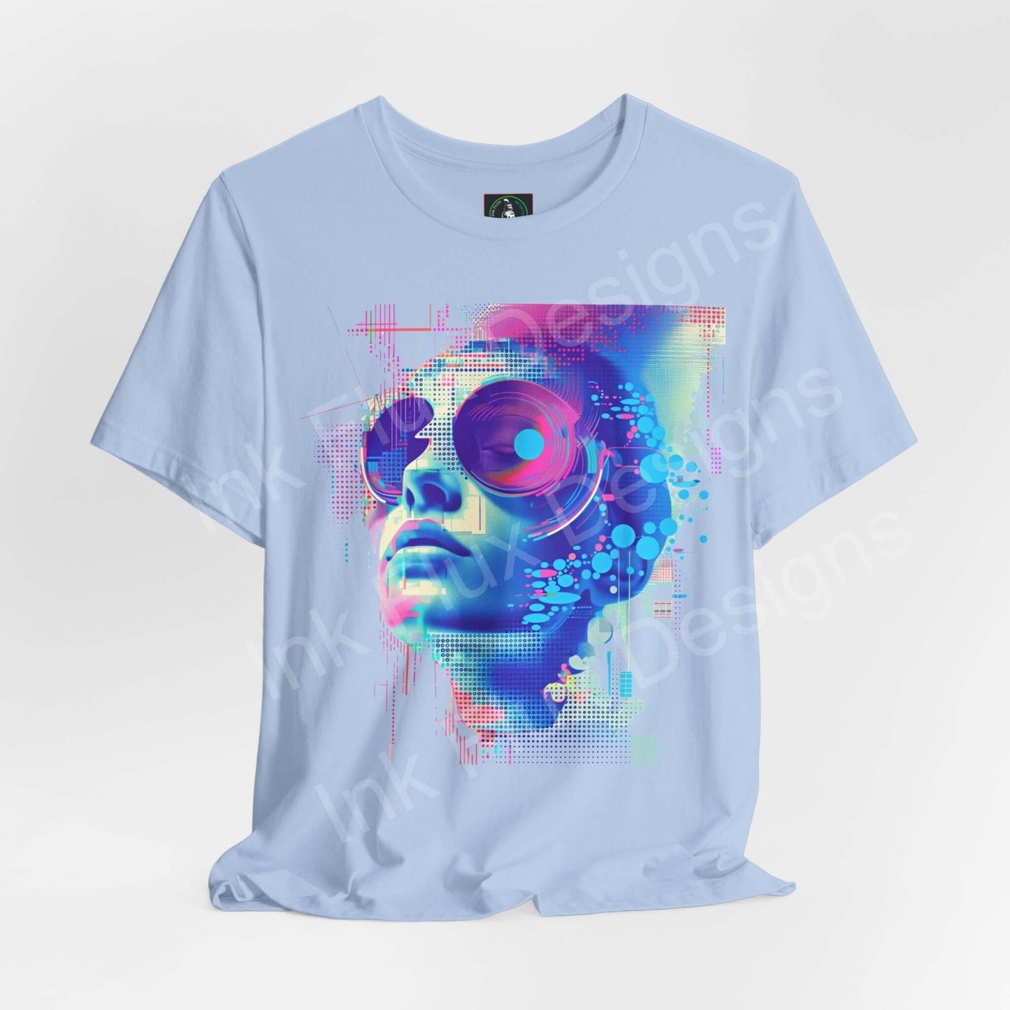Light blue unisex jersey T-shirt featuring a vibrant cyberpunk graphic print with abstract portrait, crafted by Bella+Canvas for style and sustainability.