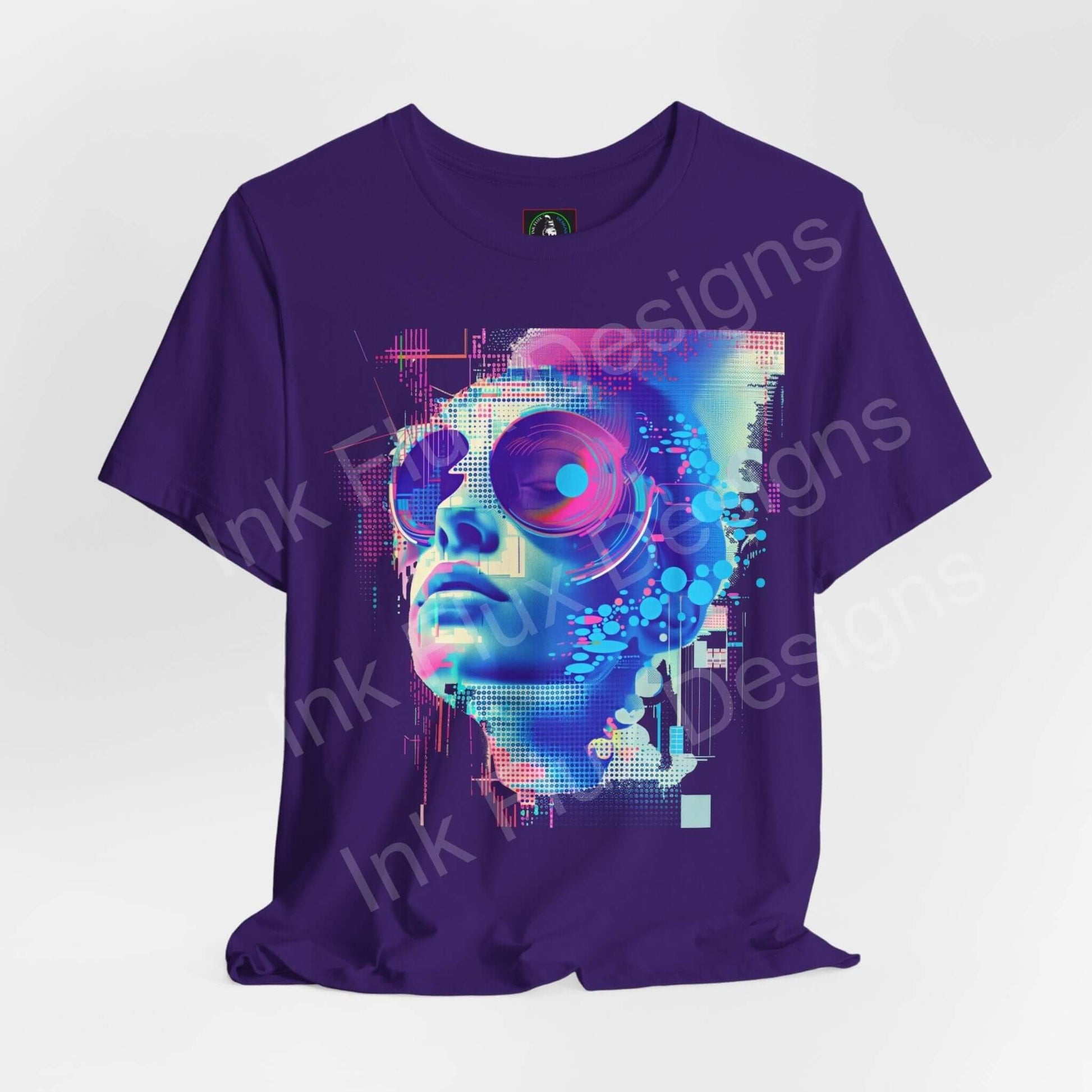 Cyberpunk-inspired graphic tee featuring an abstract portrait in vibrant blues and purples, made from sustainable Airlume cotton.