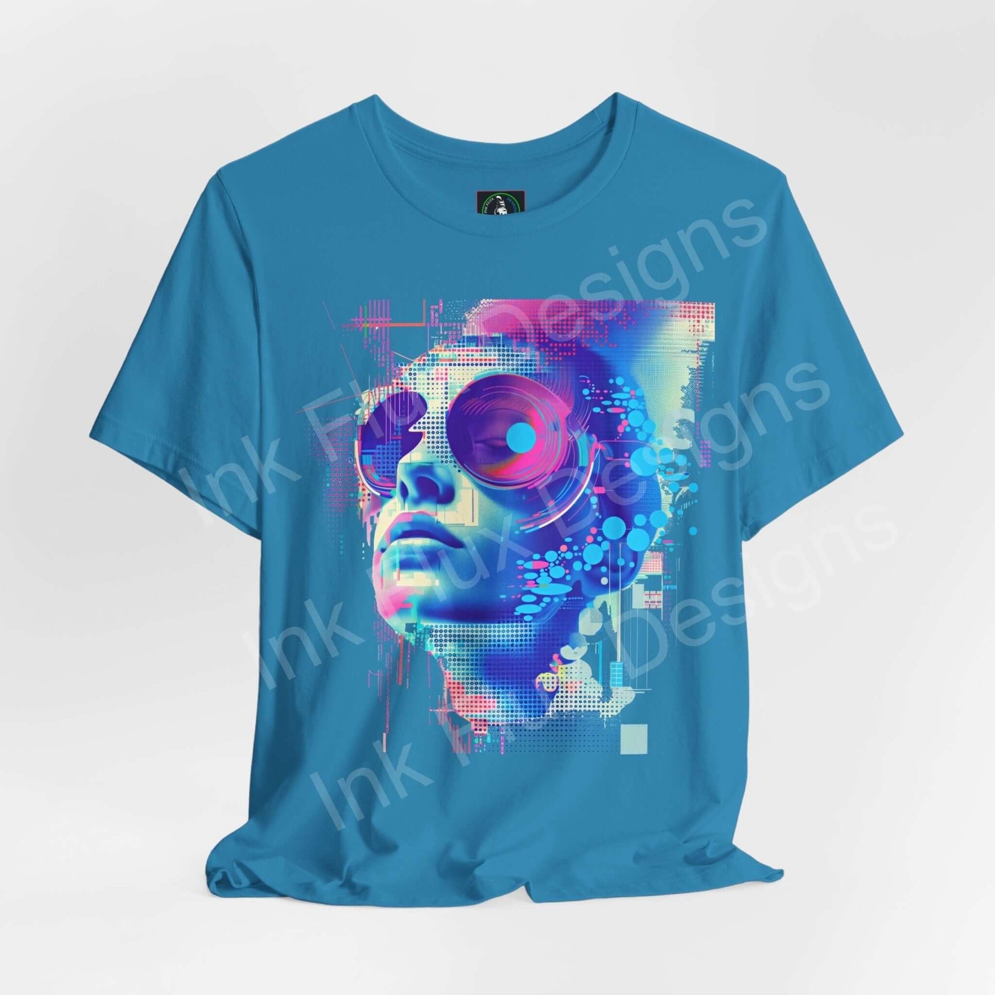 Cyberpunk-inspired graphic tee featuring an abstract portrait print in vibrant colors on a blue unisex T-shirt by Bella+Canvas.