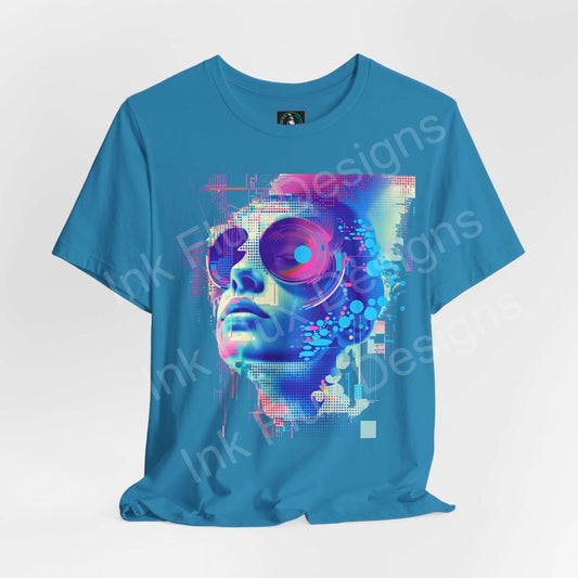 Cyberpunk-inspired graphic tee featuring an abstract portrait print in vibrant colors on a blue unisex T-shirt by Bella+Canvas.