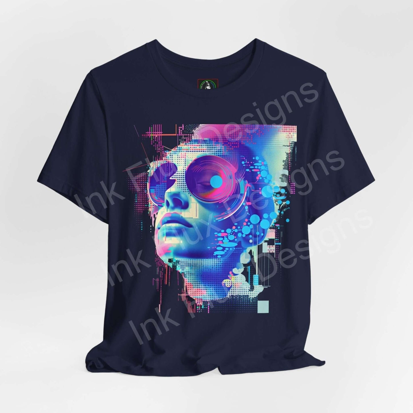 Cyberpunk-inspired graphic tee featuring an abstract portrait in vibrant blue and pink on a dark navy T-shirt, perfect for stylish, casual wear.