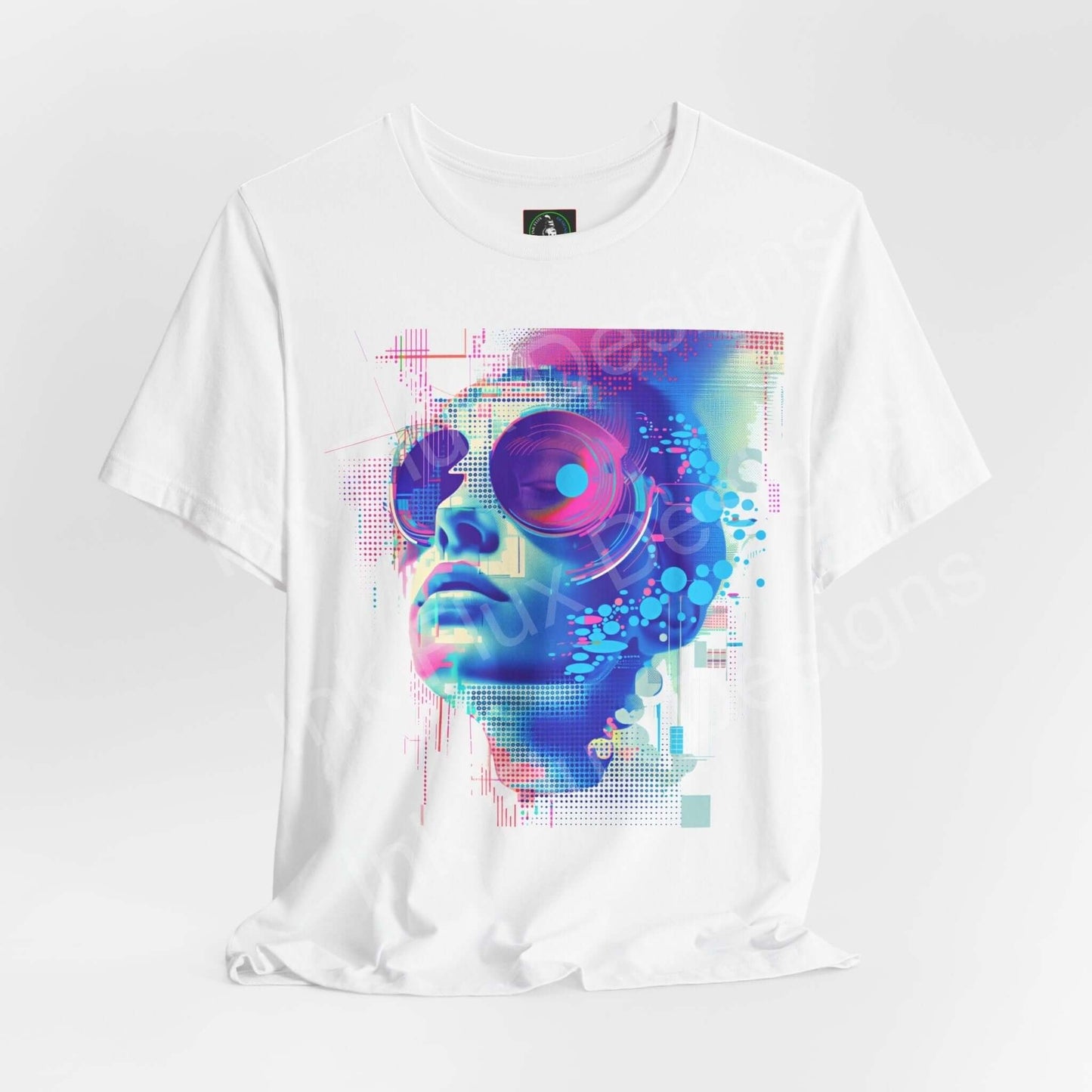 Cyberpunk-style graphic tee featuring an abstract portrait with vibrant colors on a white unisex t-shirt by Bella+Canvas.