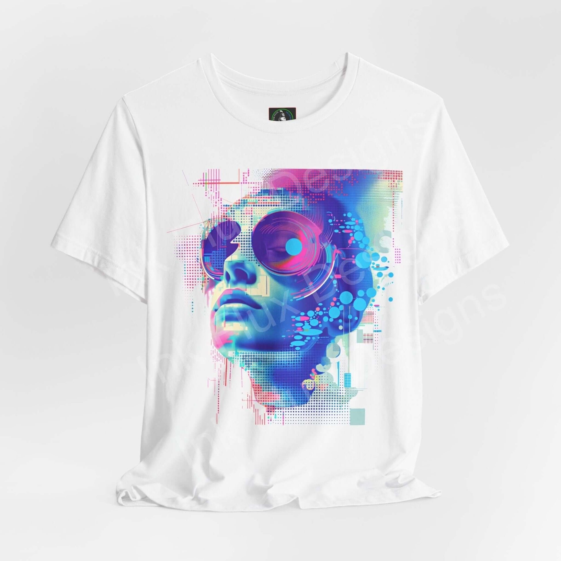 Cyberpunk-style graphic tee featuring an abstract portrait with vibrant colors on a white unisex t-shirt by Bella+Canvas.