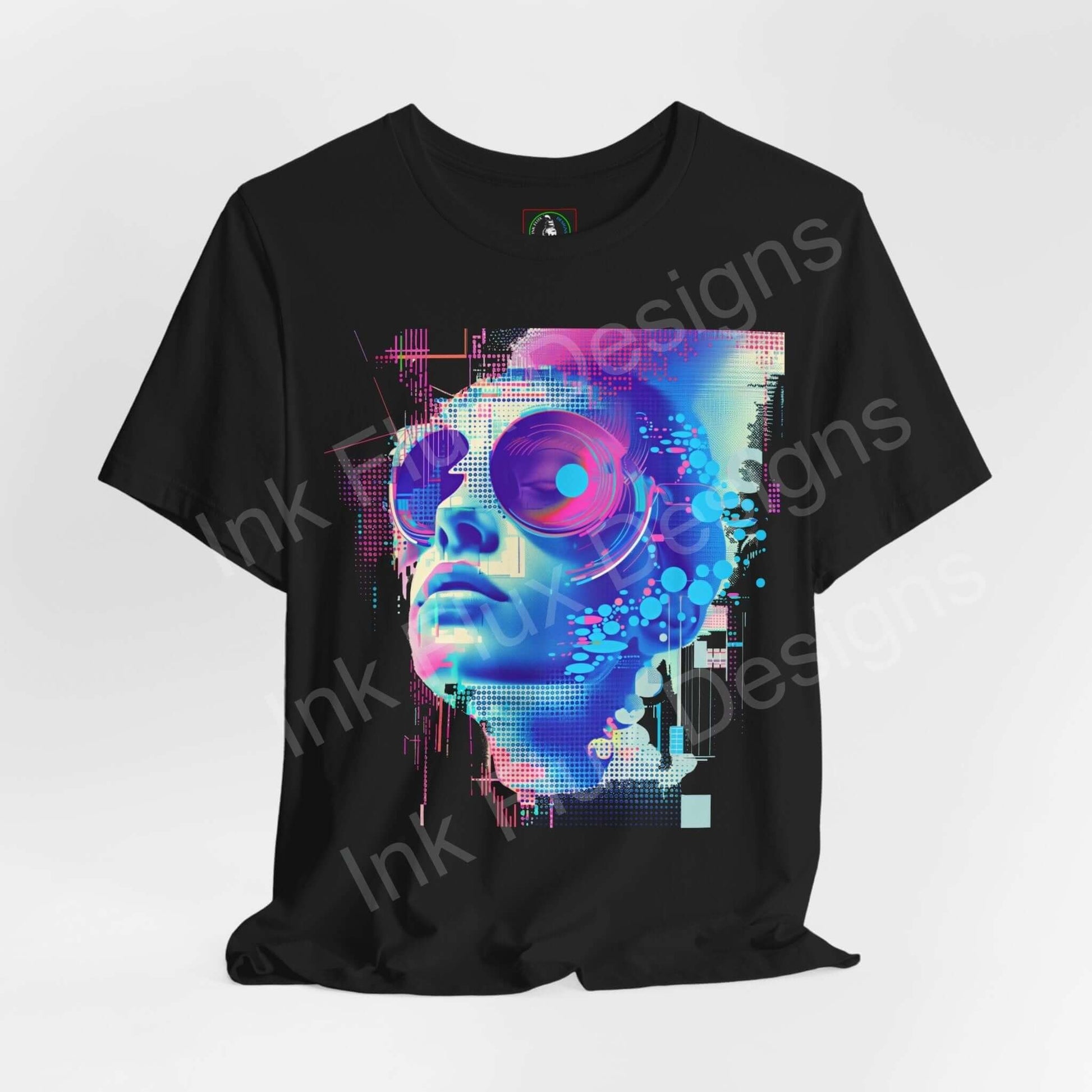 Cyberpunk-themed graphic tee featuring a colorful abstract portrait on a black unisex T-shirt, ideal for style and comfort.