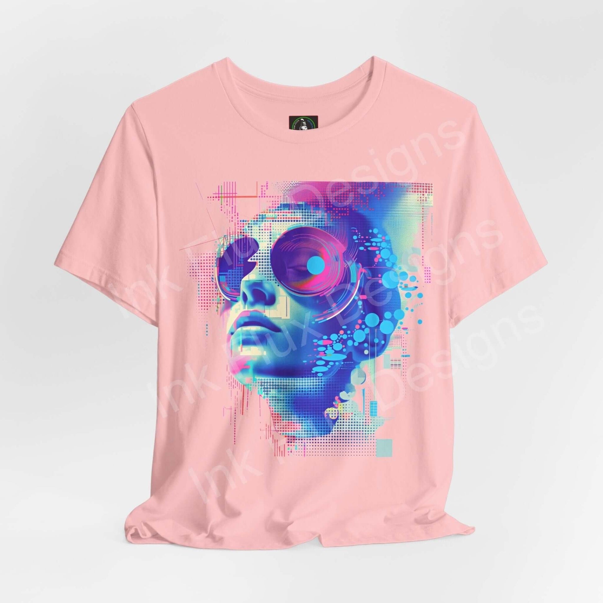 Pink unisex T-shirt featuring a cyberpunk-inspired graphic tee design with abstract portrait in vibrant blue and purple tones.