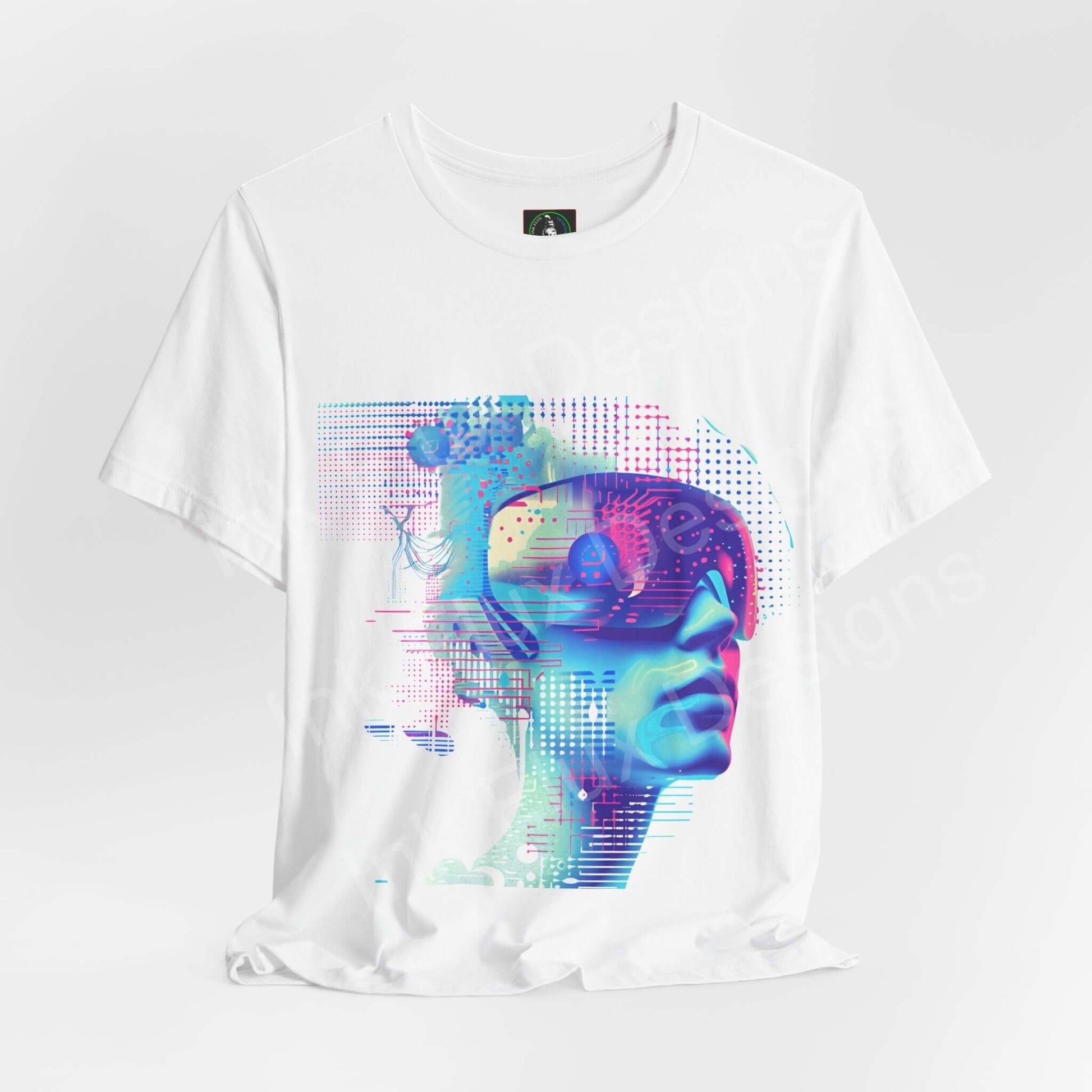 Abstract cyberpunk graphic on a white unisex T-shirt from Bella+Canvas, featuring vibrant, futuristic portrait design, ideal for style and comfort.