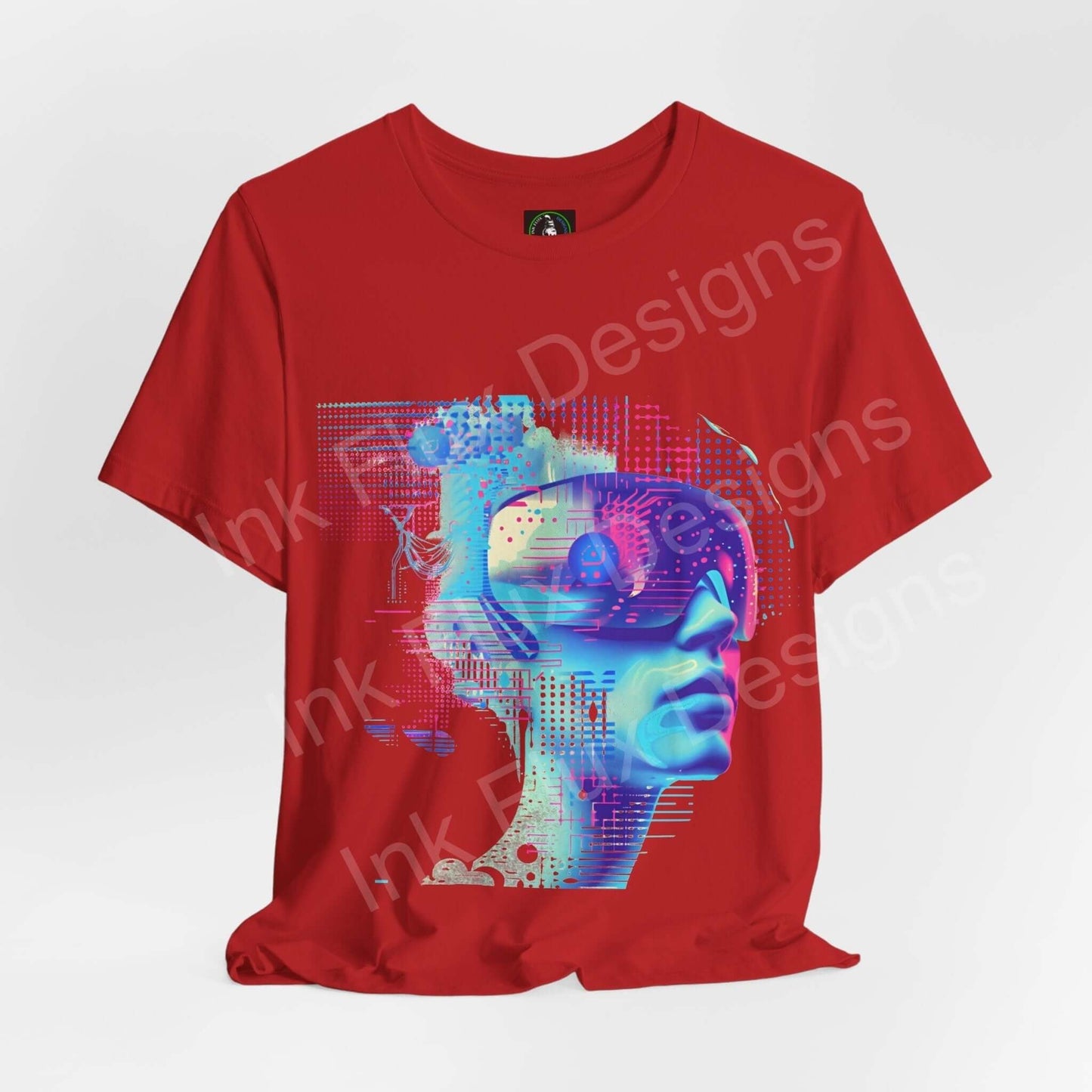 Red unisex jersey T-shirt featuring a vibrant cyberpunk graphic design with abstract facial elements, designed by Bella+Canvas for style and comfort.