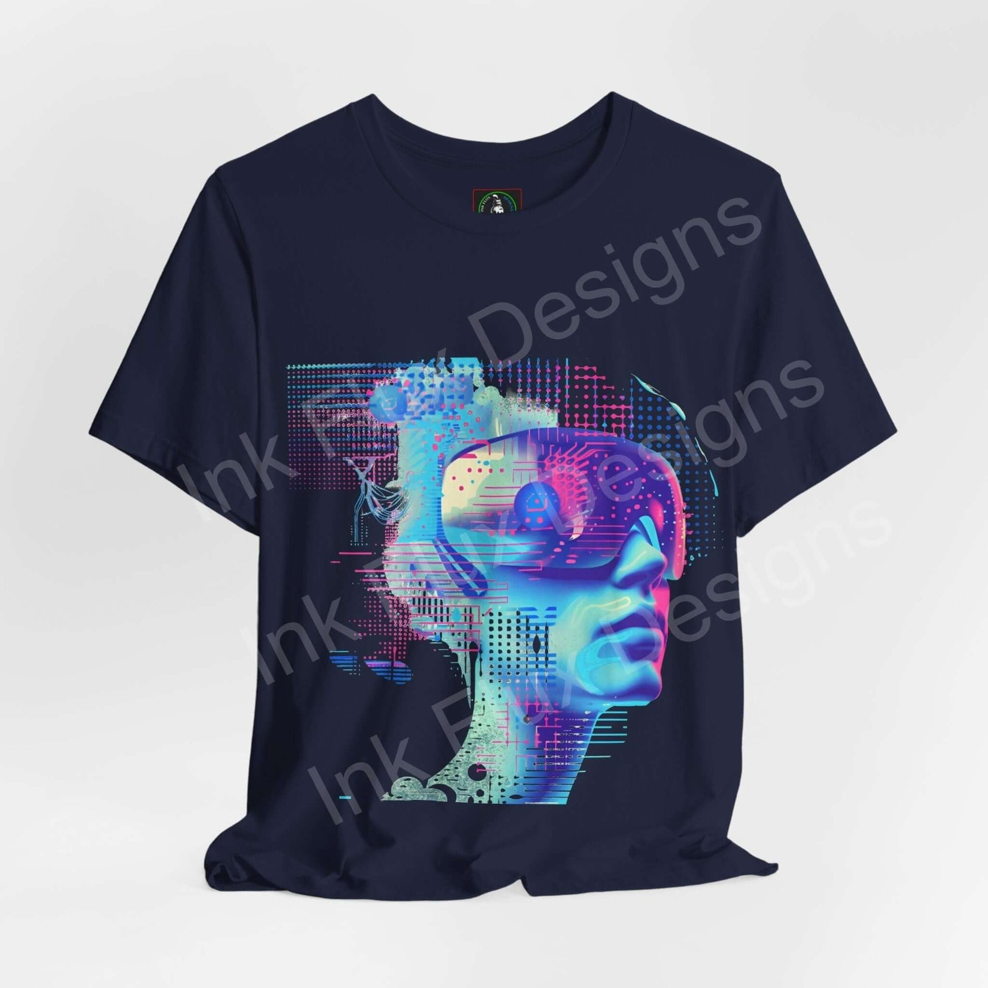 Cyberpunk-themed graphic tee featuring an abstract portrait design on a navy blue unisex T-shirt from Bella+Canvas.