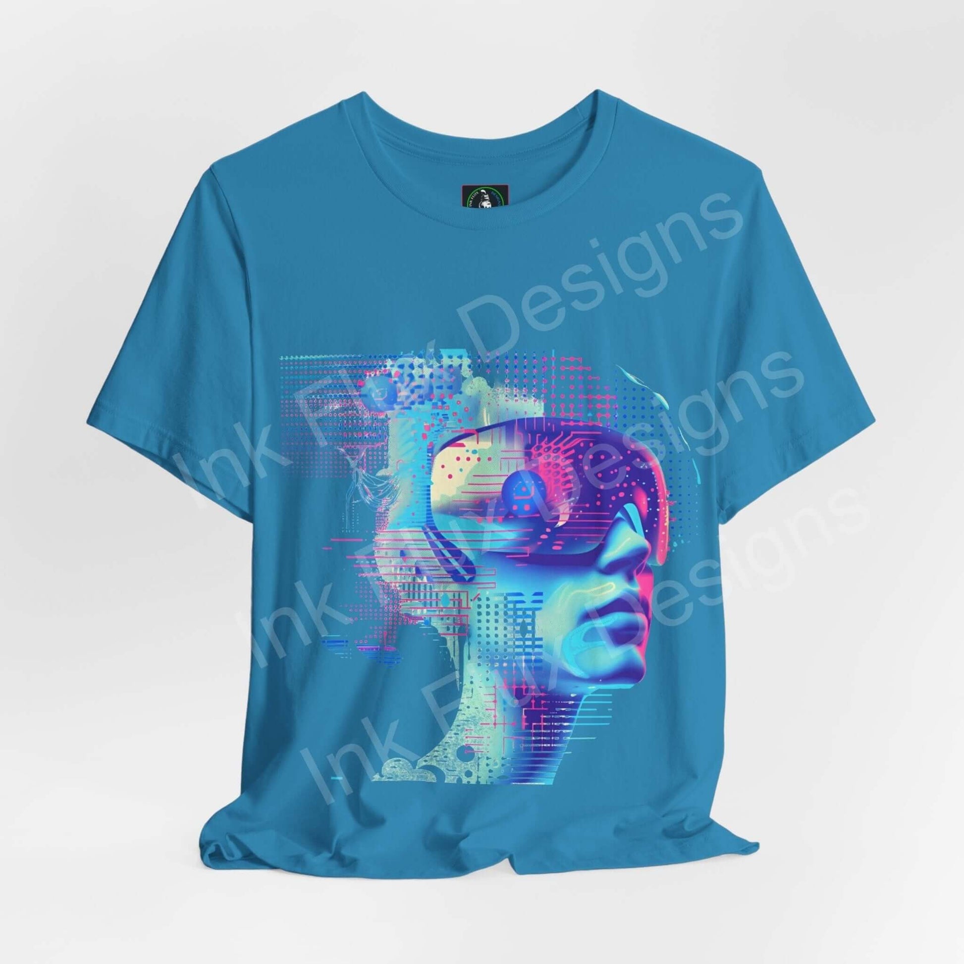 Cyberpunk-inspired graphic tee featuring a vibrant abstract portrait on a blue unisex jersey T-shirt, showcasing unique, futuristic design elements.