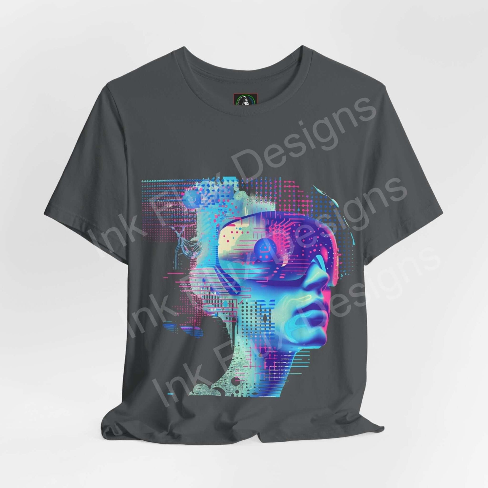 Cyberpunk-inspired graphic tee featuring a vibrant abstract portrait on a charcoal gray, unisex jersey T-shirt by Bella+Canvas.