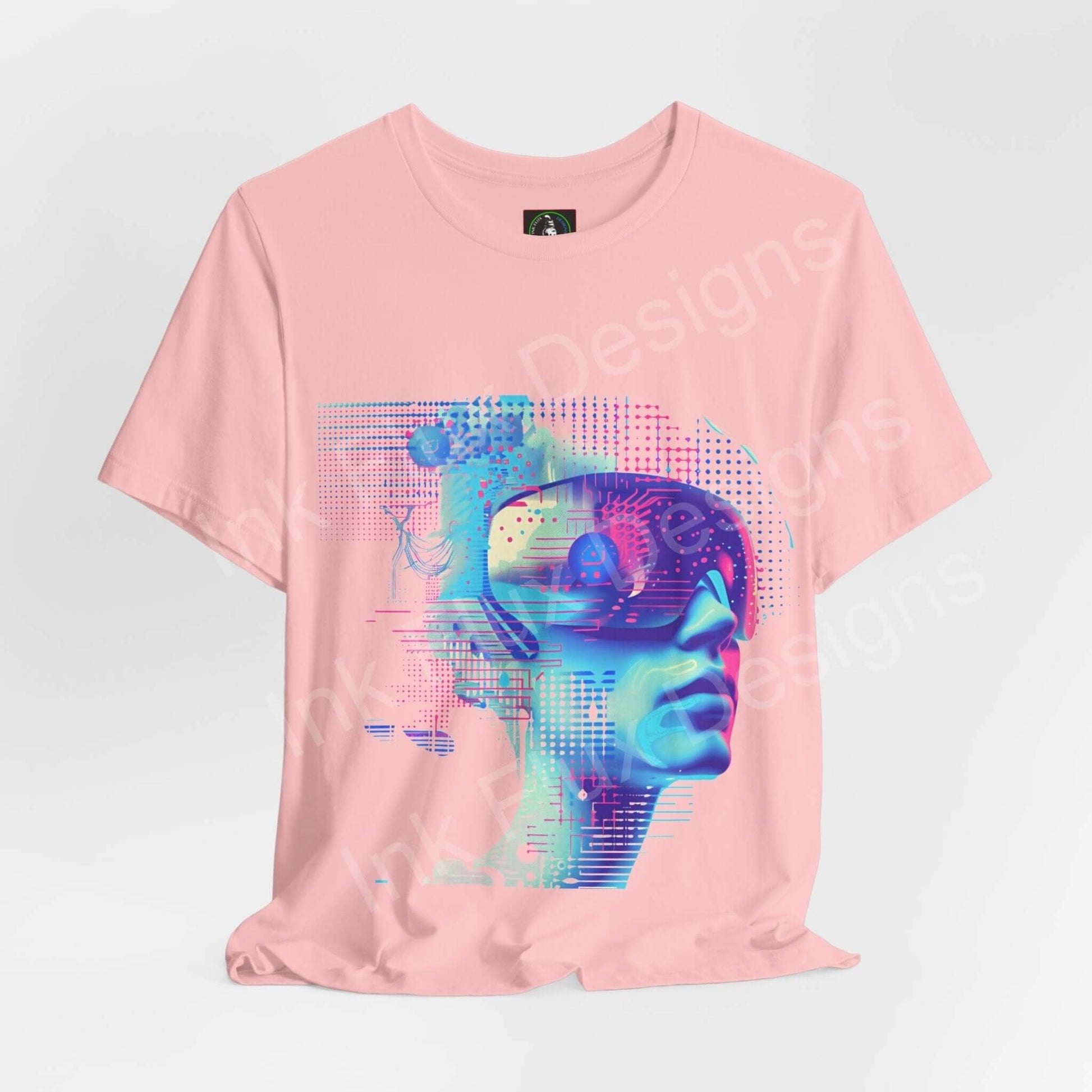 Pink unisex jersey T-shirt featuring a vibrant cyberpunk graphic print, crafted from soft Airlume cotton, by Bella+Canvas.