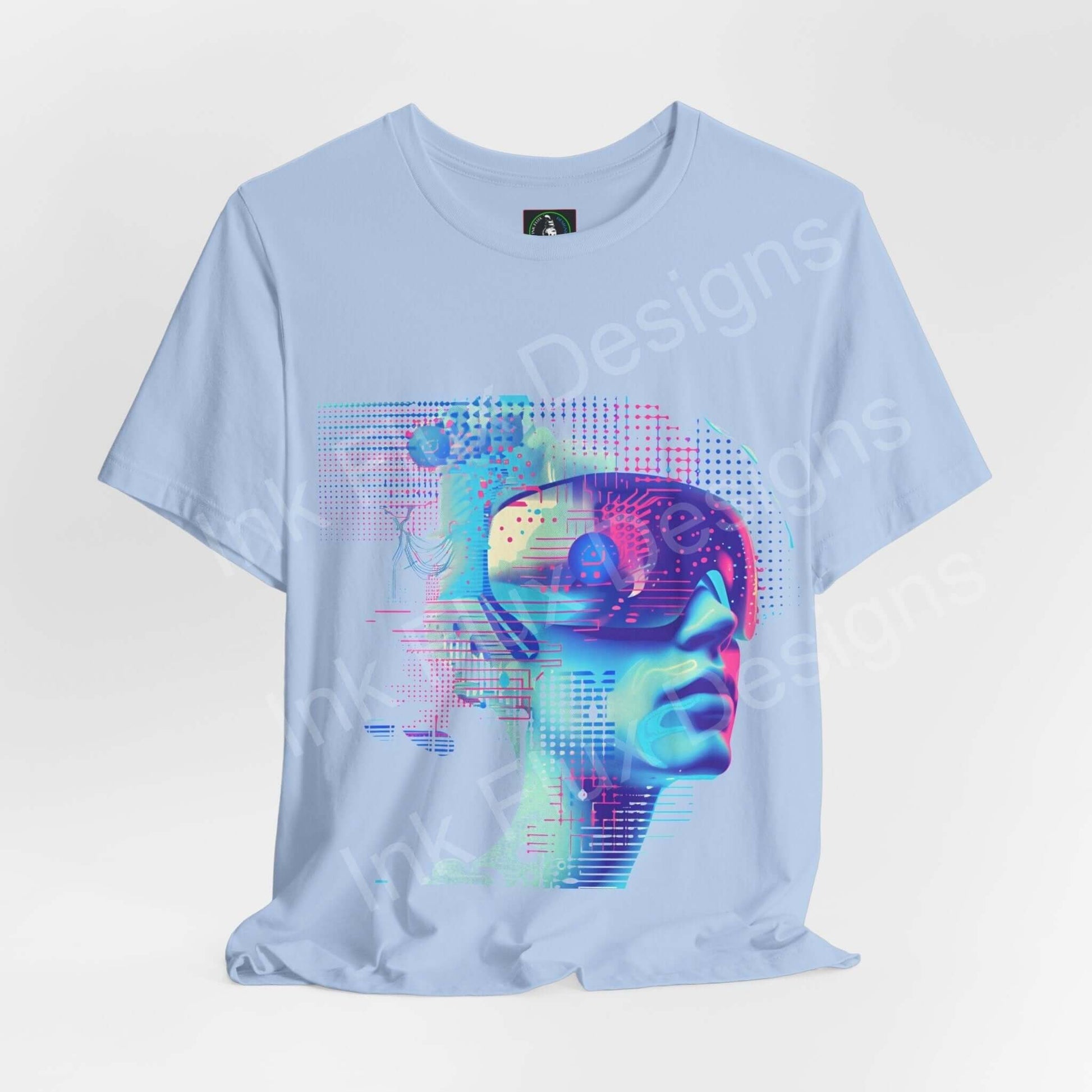 Light blue unisex T-shirt featuring a vibrant cyberpunk graphic print of an abstract portrait on the front, designed for style and comfort.