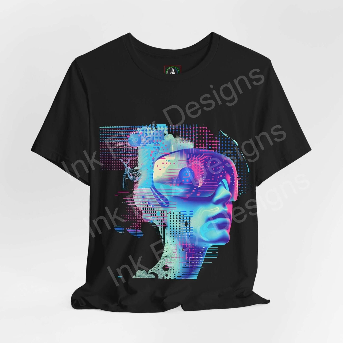 Black unisex T-shirt featuring vibrant cyberpunk graphic of an abstract portrait, designed with sustainable Airlume cotton.