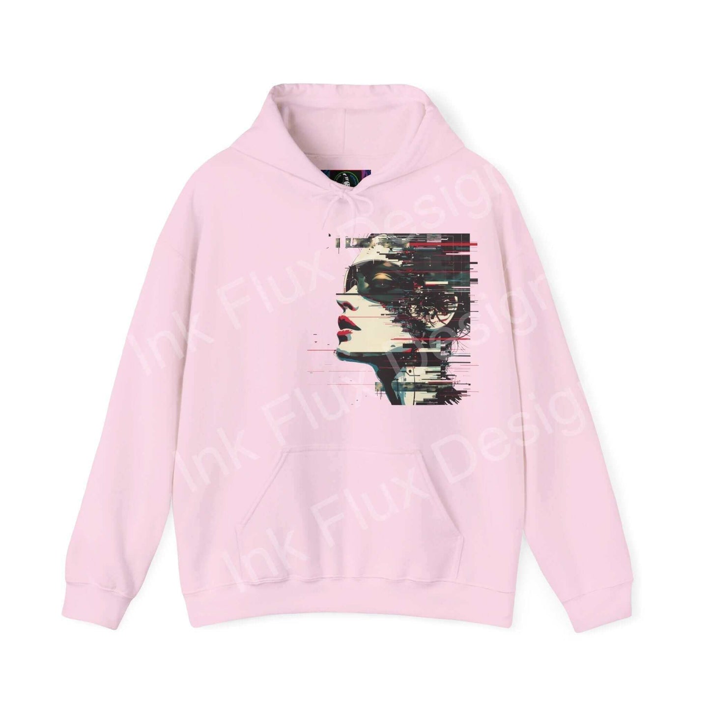 Pink hooded sweatshirt with abstract portrait design, featuring bold graphic on unisex hoodie suitable for cozy elegance.