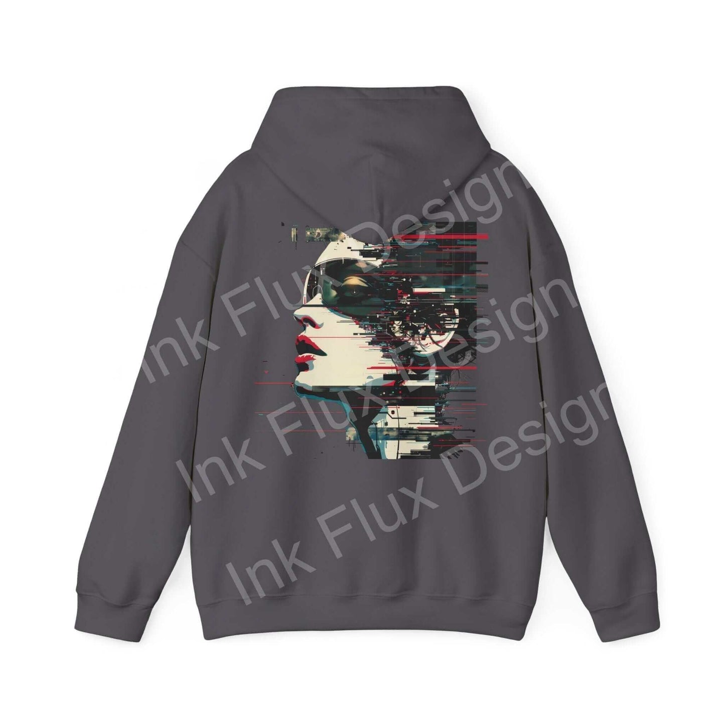 Unisex charcoal gray hooded sweatshirt featuring an abstract portrait design in red and white, from the Abstract Portrait III collection, ideal for stylish warmth.