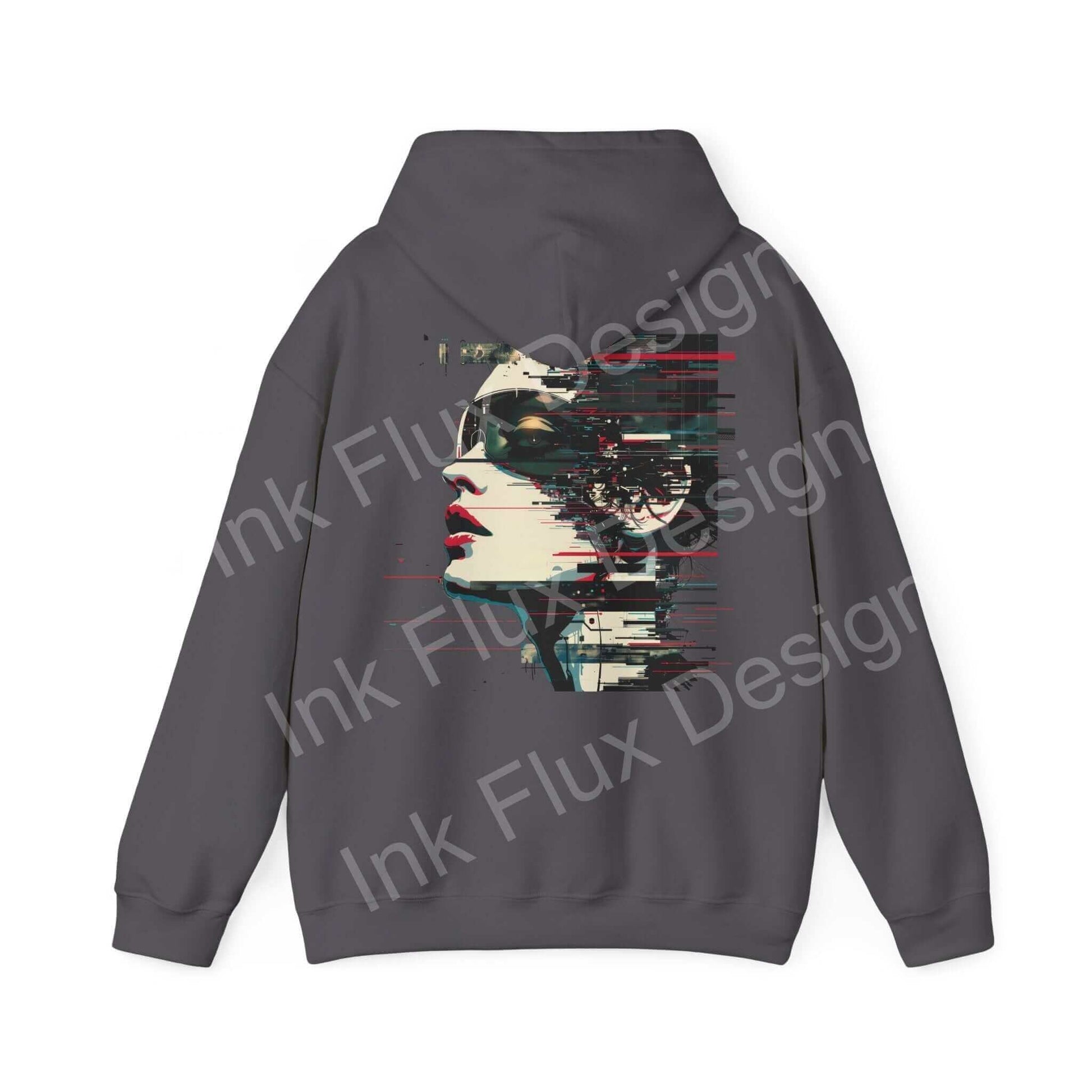 Unisex charcoal gray hooded sweatshirt featuring an abstract portrait design in red and white, from the Abstract Portrait III collection, ideal for stylish warmth.