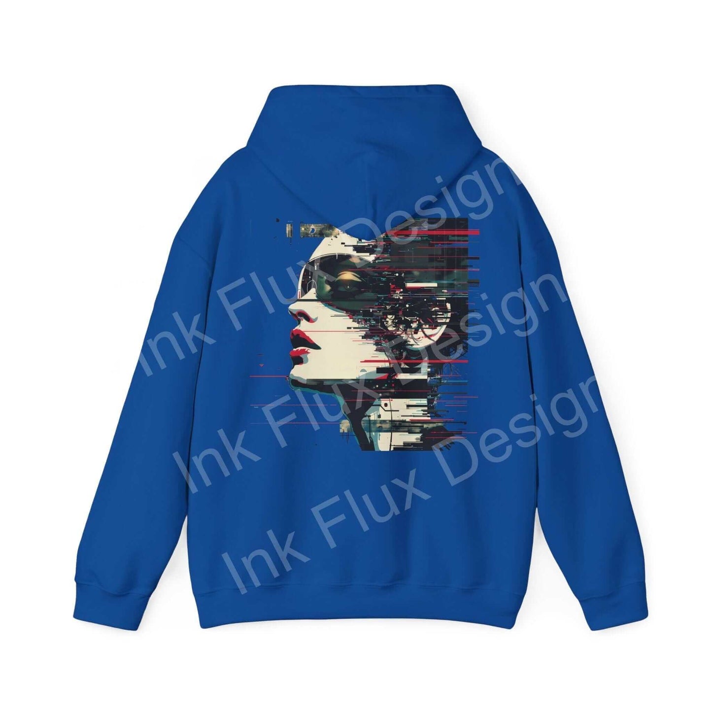 Blue hooded sweatshirt featuring abstract portrait design in bold graphic style on back, perfect blend of comfort and creativity for graphic hoodies enthusiasts.
