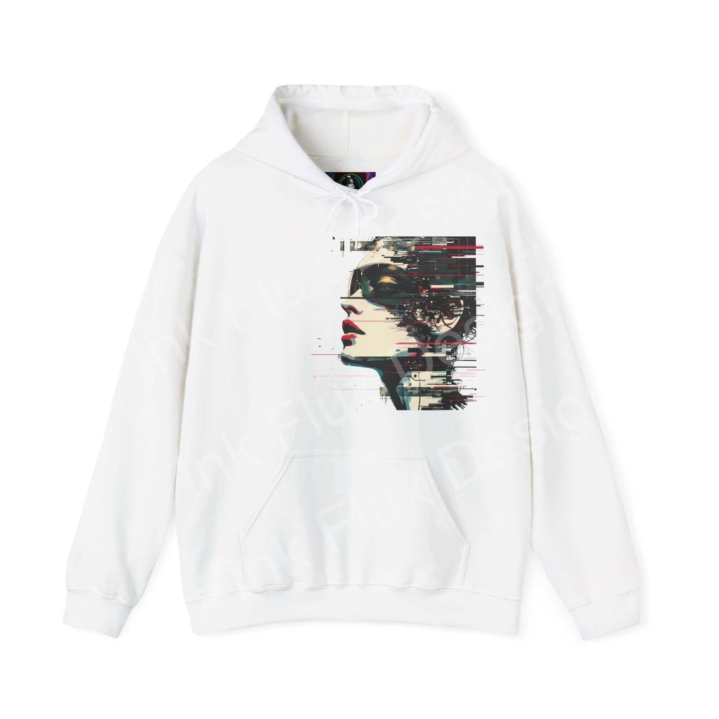 White hooded sweatshirt featuring abstract portrait print in bold graphic designs, unisex style for enhanced comfort and style