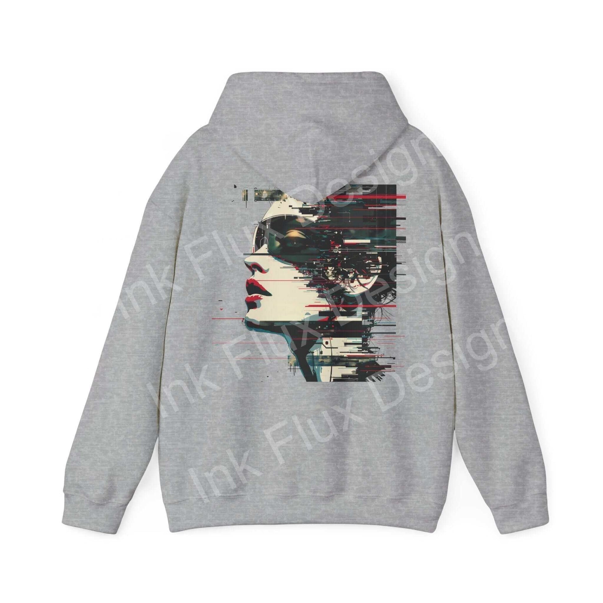 Back view of Abstract Portrait III Hooded Sweatshirt featuring bold graphic design in red and black on gray hoodie, ideal for stylish warmth.