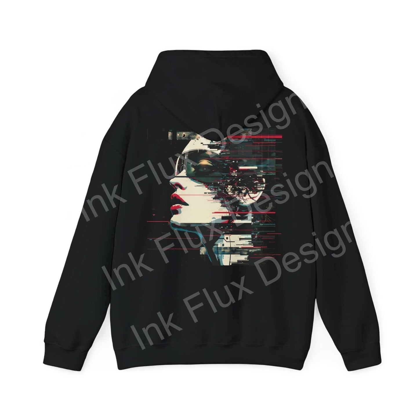 Unisex black hoodie featuring an abstract face design in red and white, part of the bold graphic hoodies collection.