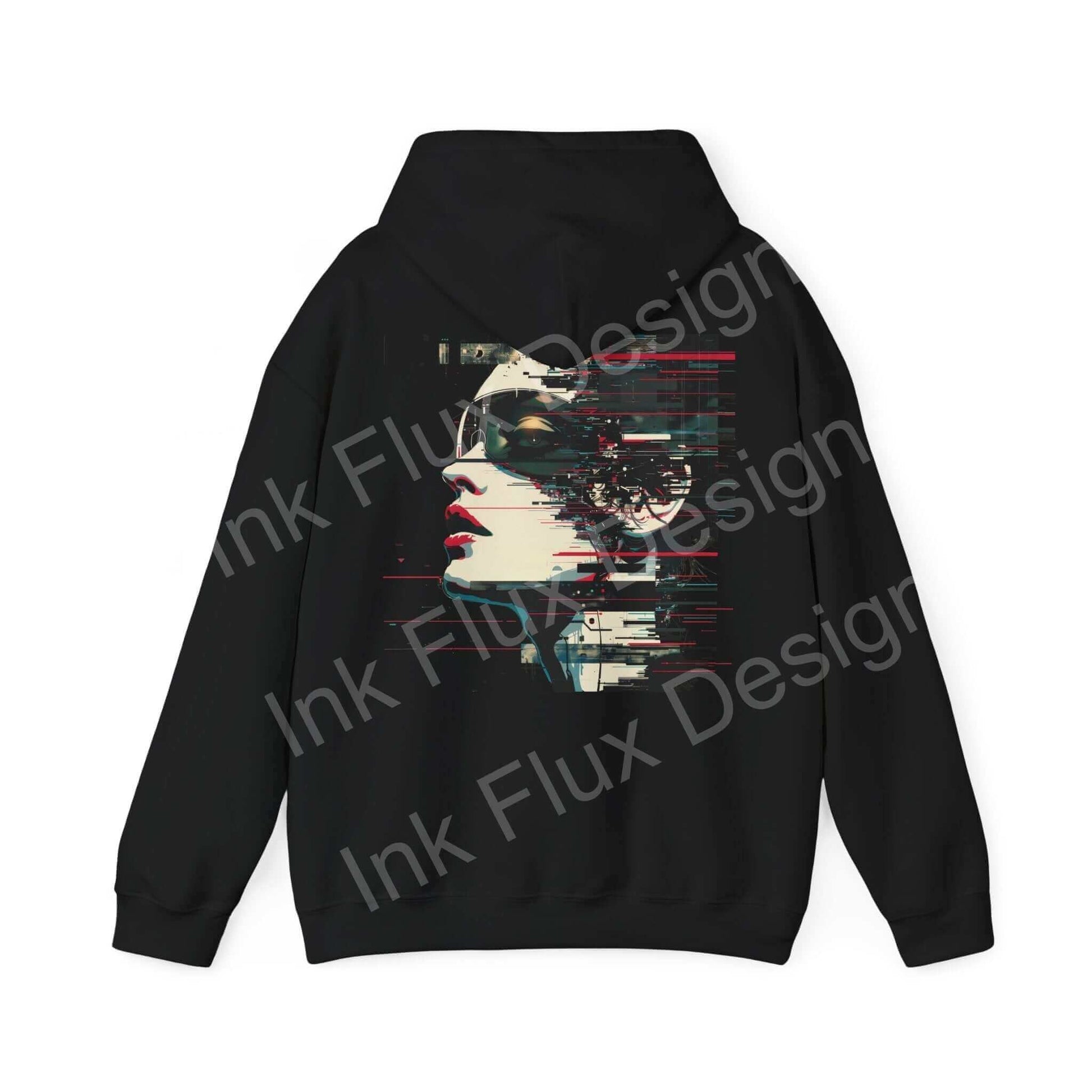 Unisex black hoodie featuring an abstract face design in red and white, part of the bold graphic hoodies collection.