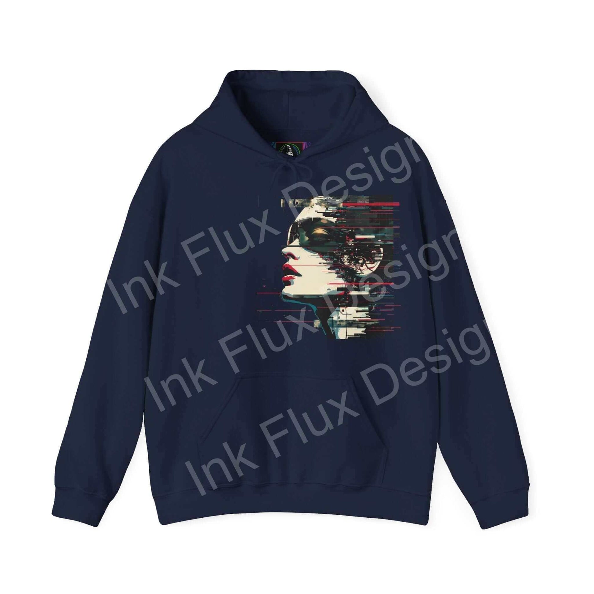 Navy blue unisex hoodie with abstract portrait graphic design, combining bold colors and stylized face print, ideal for fashion-forward hoodies and graphic hoodies enthusiasts.