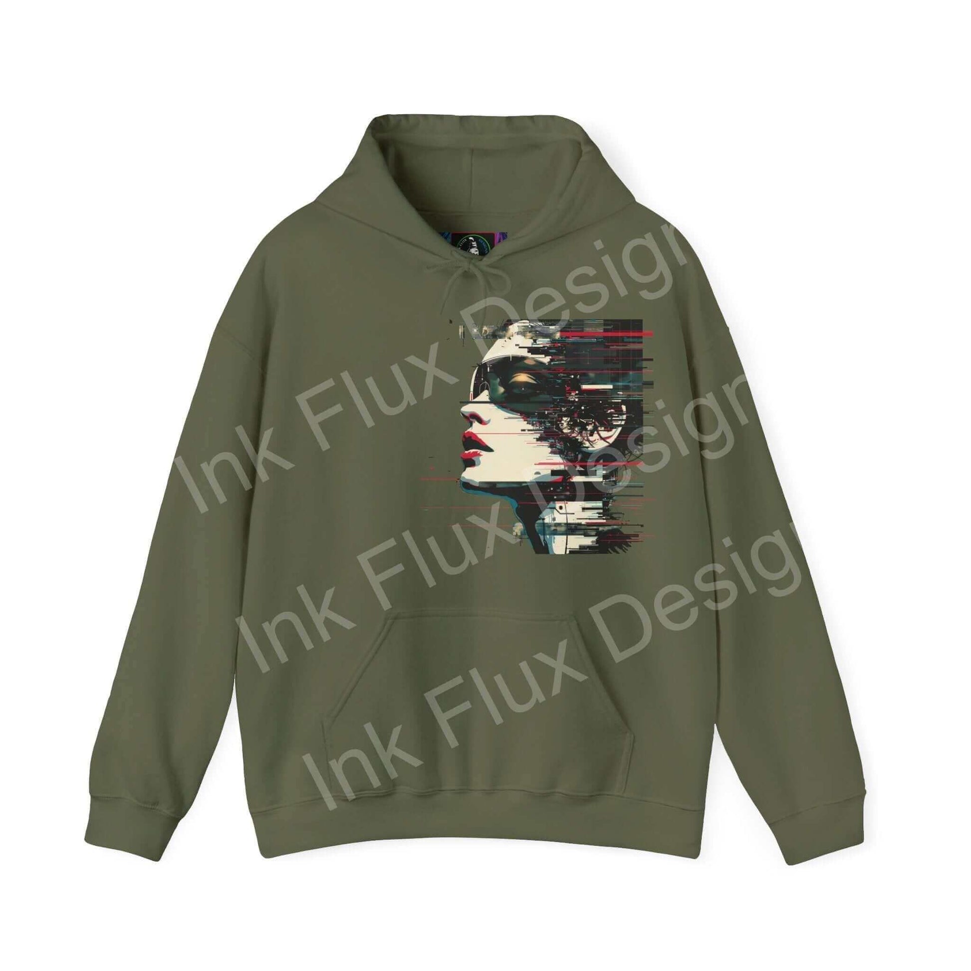 Olive green 'Abstract Portrait III' hooded sweatshirt with bold graphic design, unisex cozy heavy-blend hoodie for chilly days.