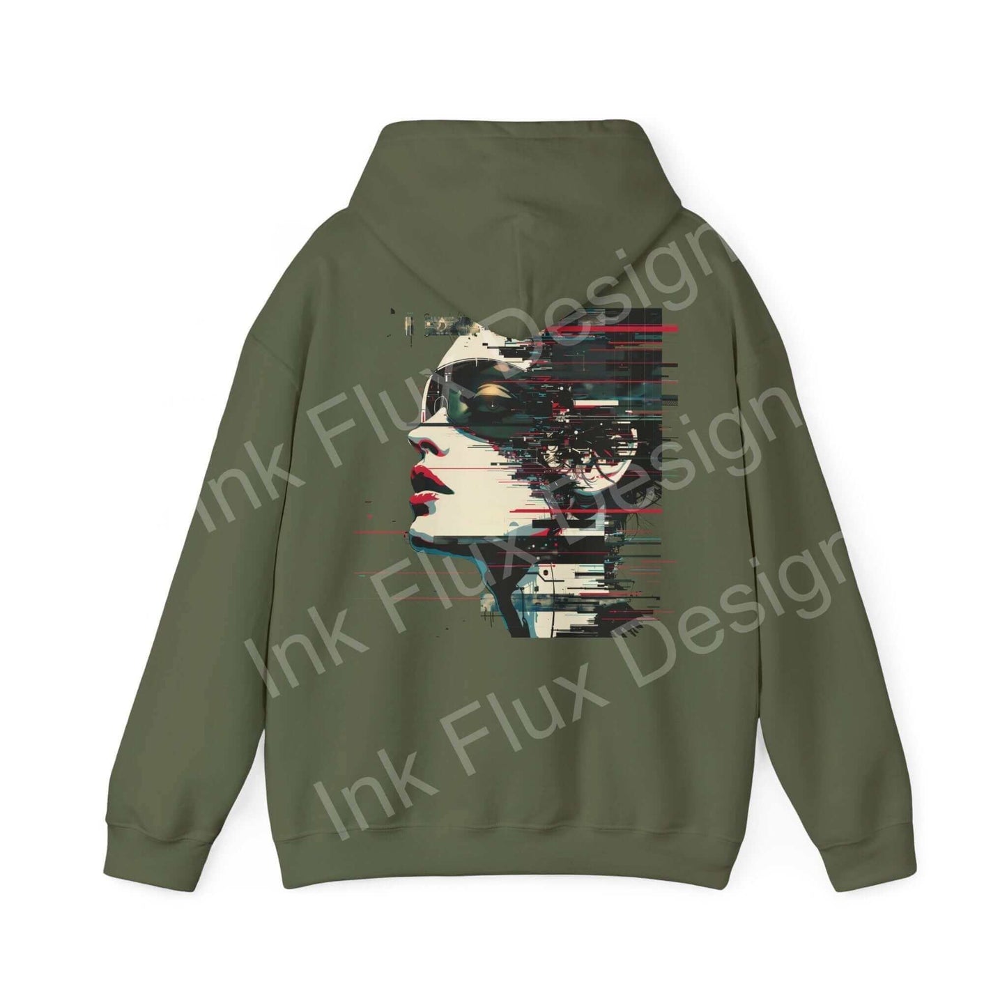Olive green Abstract Portrait III hooded sweatshirt with a bold graphic design on the back, ideal for stylish, cozy wear.