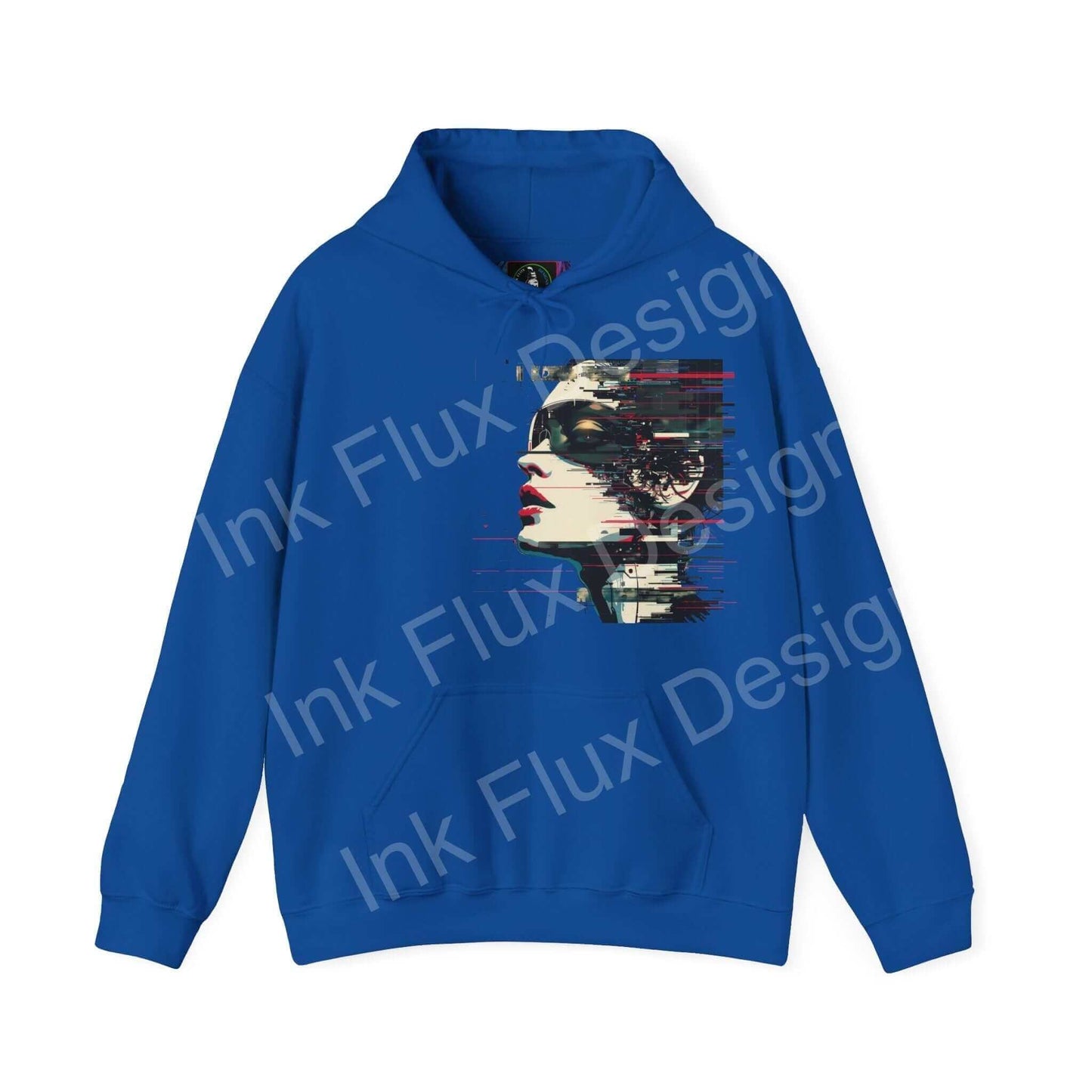 Blue 'Abstract Portrait III' hooded sweatshirt with bold graphic design on front, combining comfort and creative style.