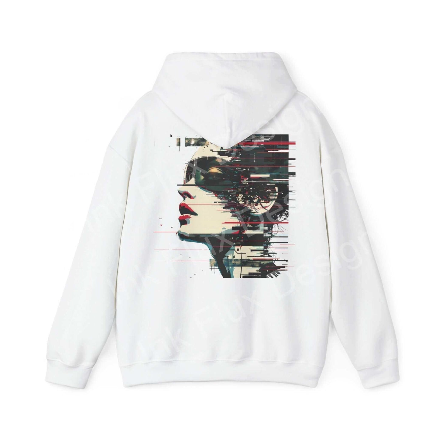 Back view of a white hooded sweatshirt with abstract portrait graphic, showcasing bold designs in a unisex heavy-blend for style and warmth.
