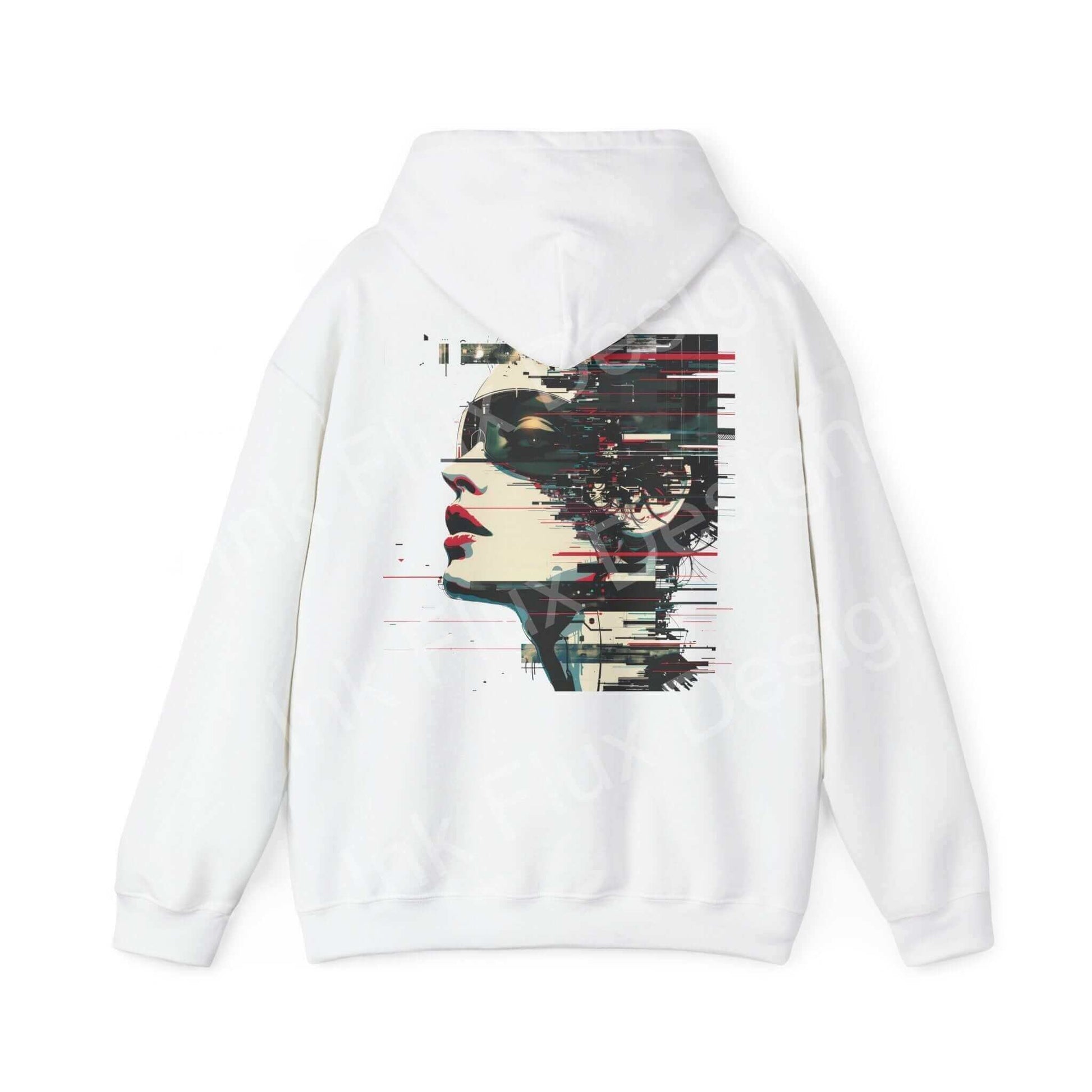 Back view of a white hooded sweatshirt with abstract portrait graphic, showcasing bold designs in a unisex heavy-blend for style and warmth.