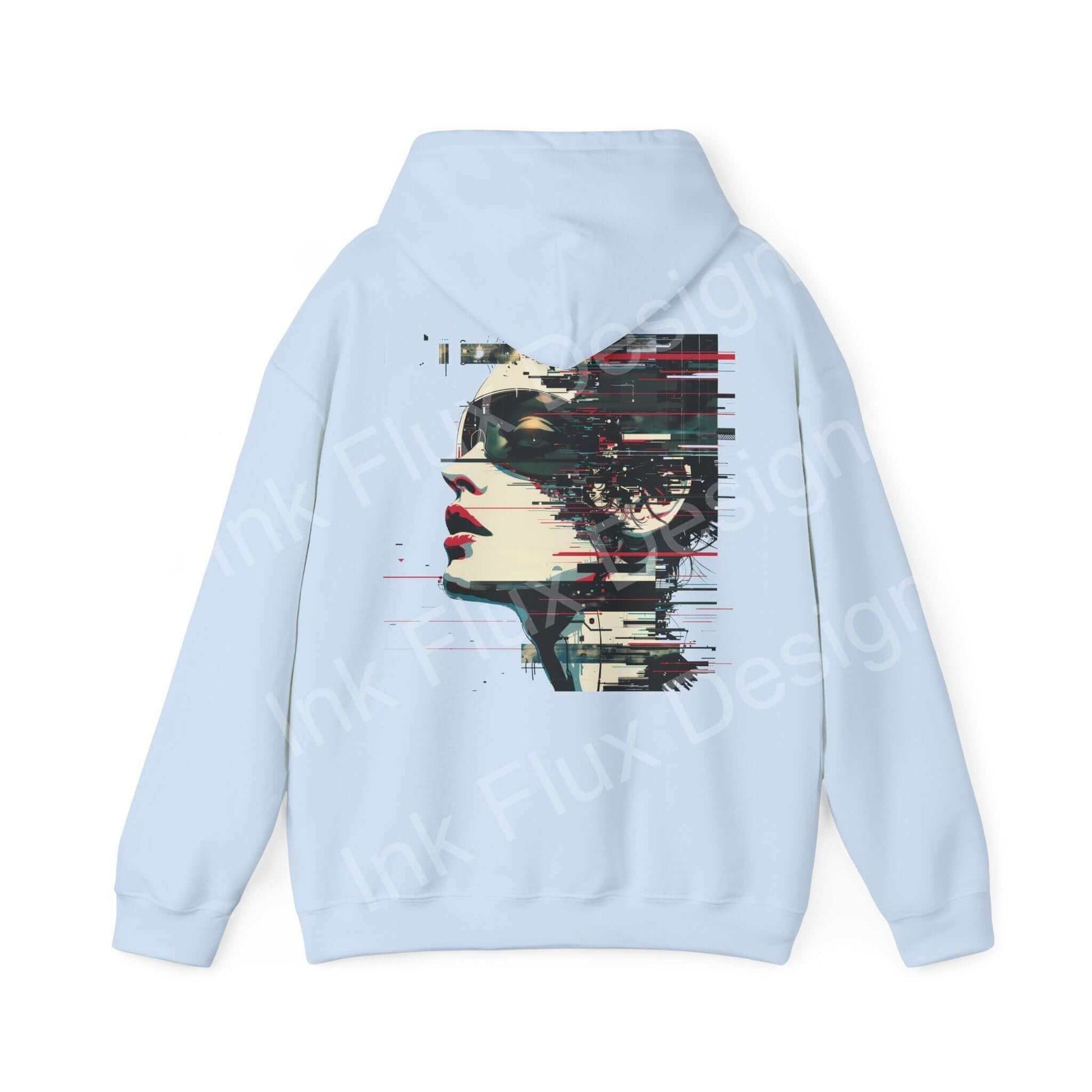 Light blue unisex hooded sweatshirt with abstract portrait design in bold red and black graphics