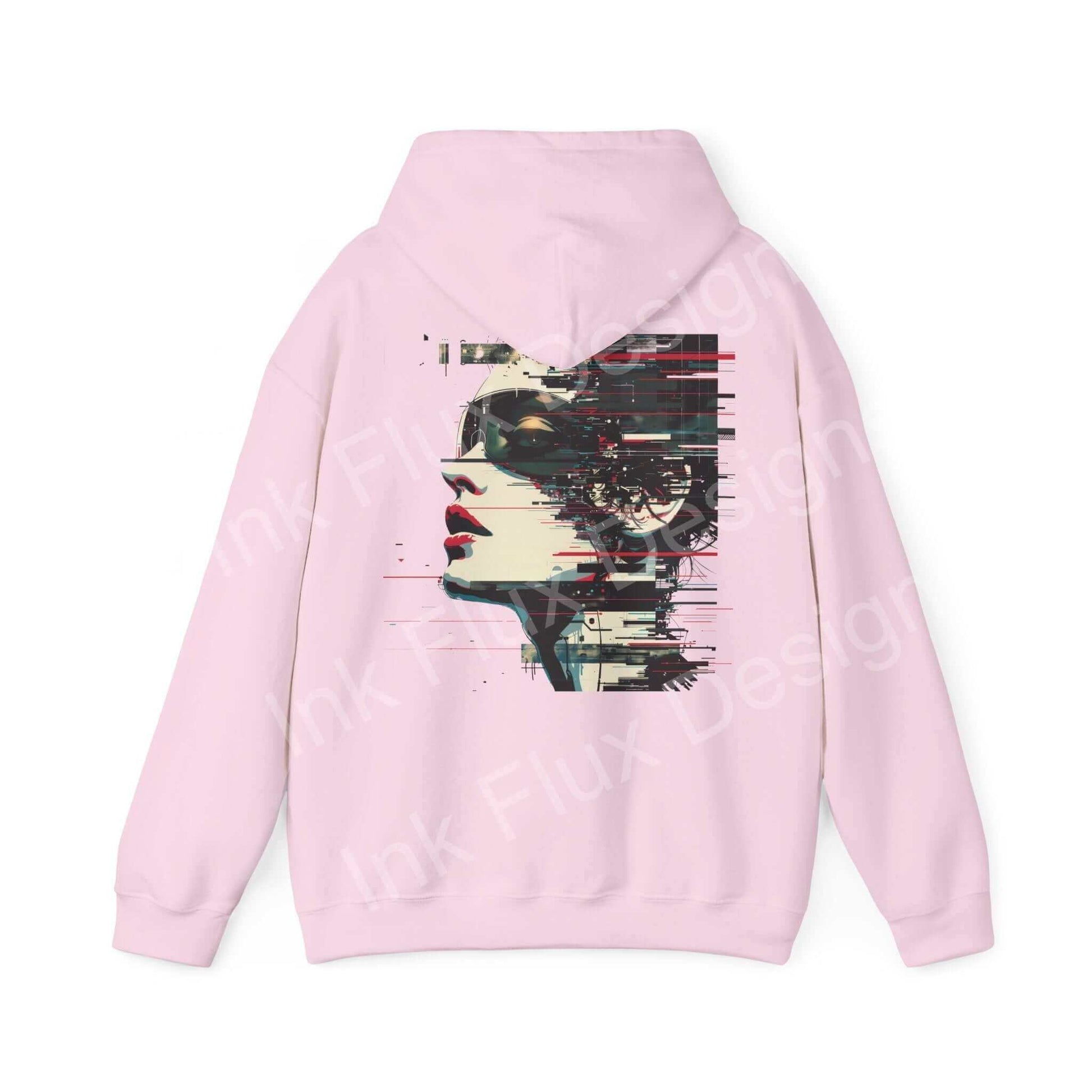Pink hooded sweatshirt with bold abstract face design, combining graphic elements in red and black, perfect for those seeking stylish, comfortable graphic hoodies.
