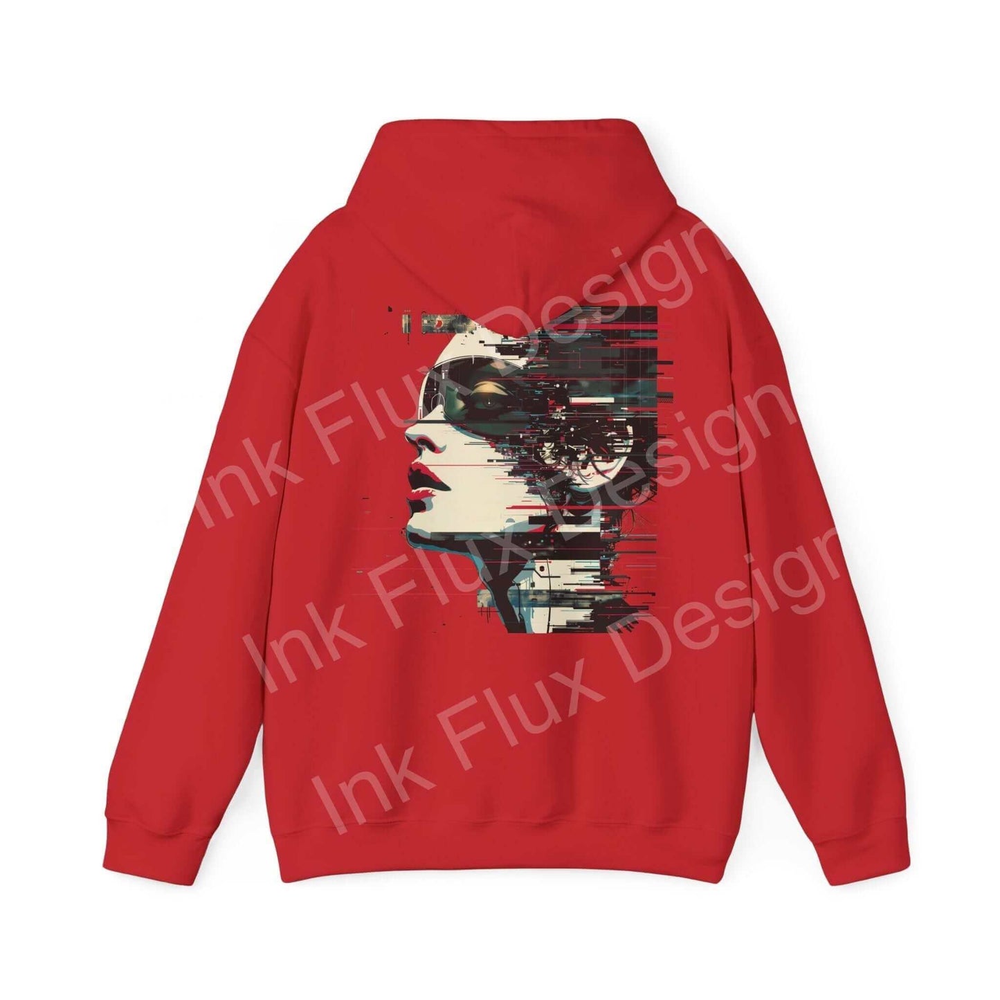 Red hooded sweatshirt featuring an abstract portrait design in bold black and white on the back, ideal for graphic hoodie enthusiasts.