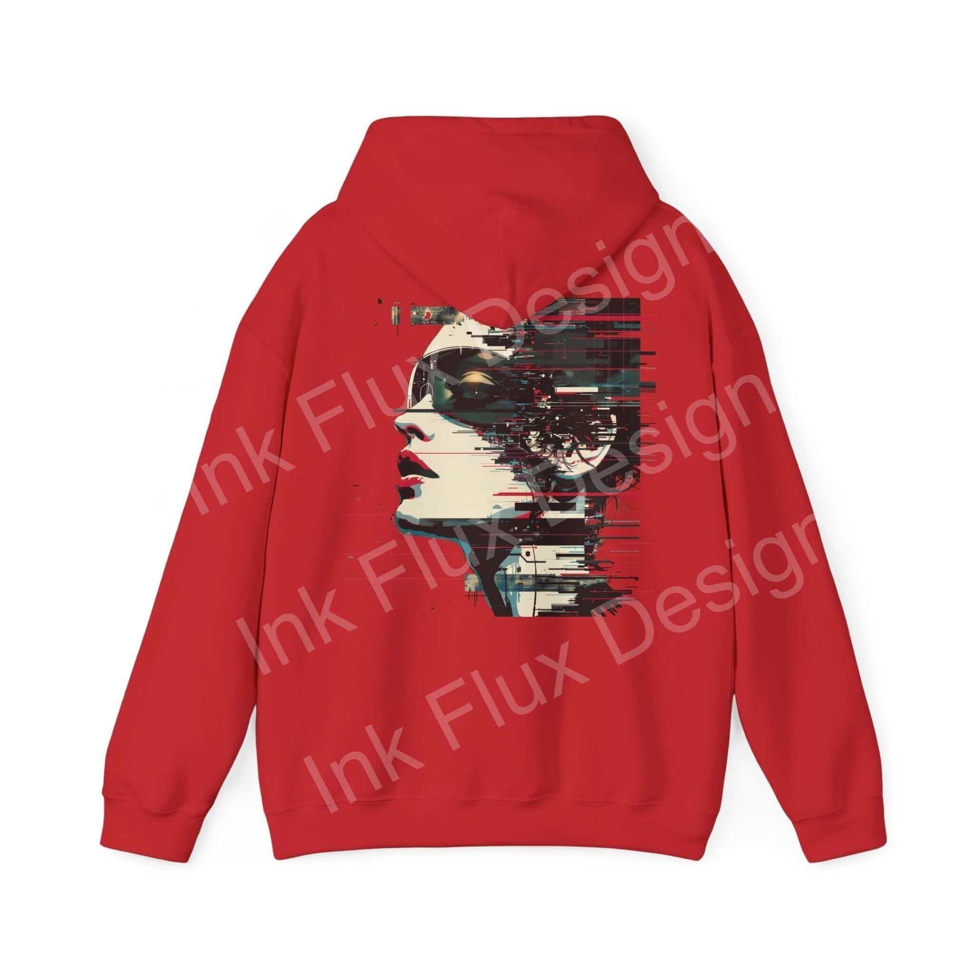 Red hooded sweatshirt featuring an abstract portrait design in bold black and white on the back, ideal for graphic hoodie enthusiasts.