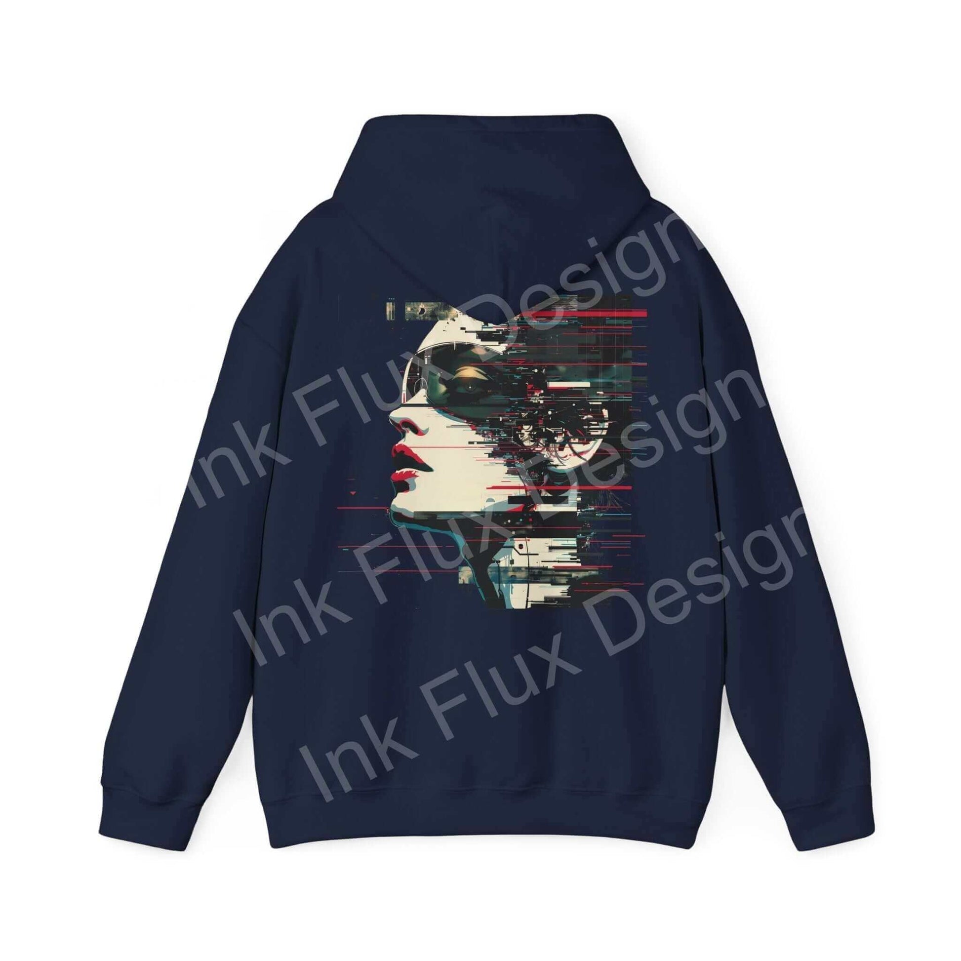 Unisex navy blue hoodie featuring an abstract portrait with bold red and white graphic design, from Ink Flux Designs.