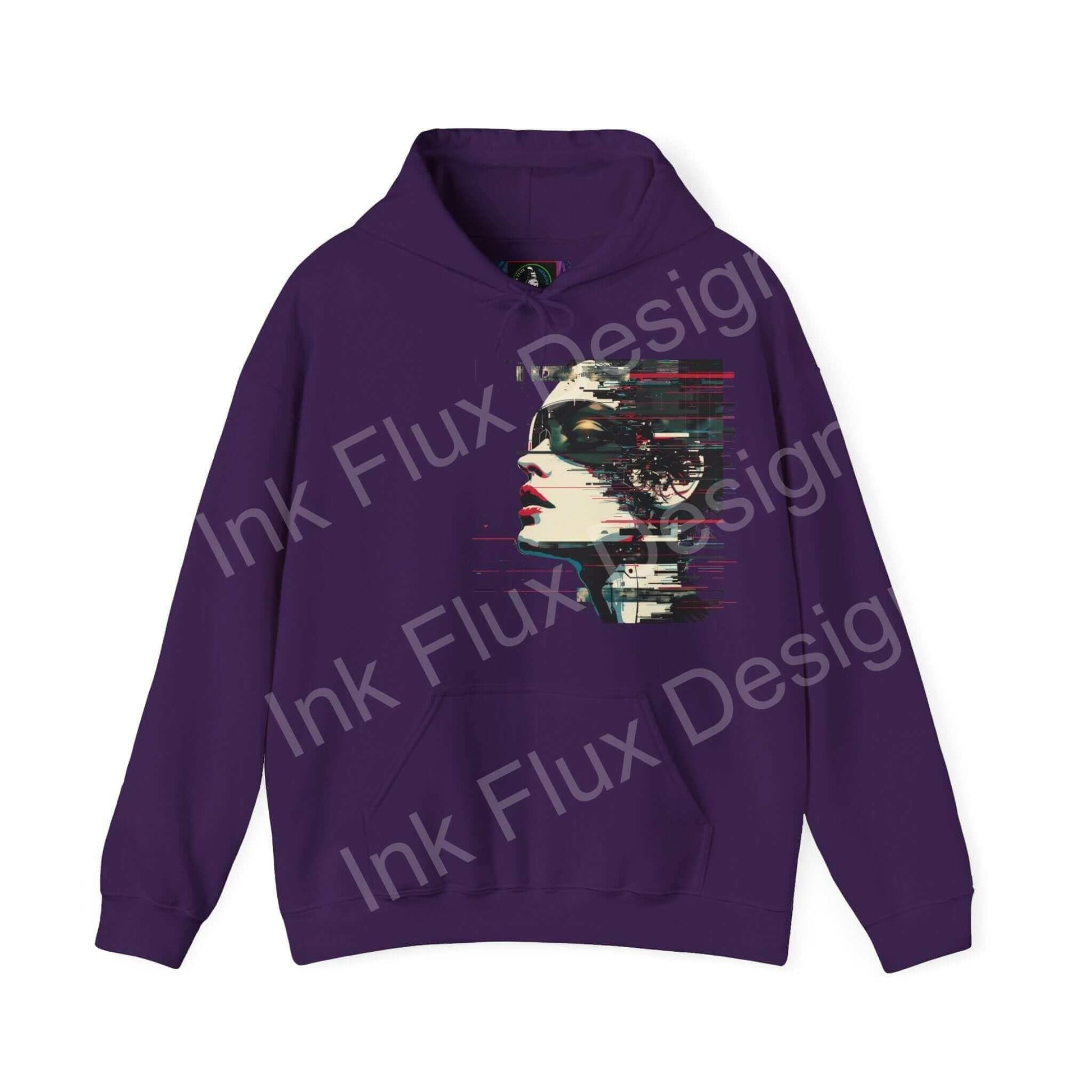 Purple hooded sweatshirt with abstract portrait design in bold colors, ideal for graphic hoodie enthusiasts seeking comfort and style.