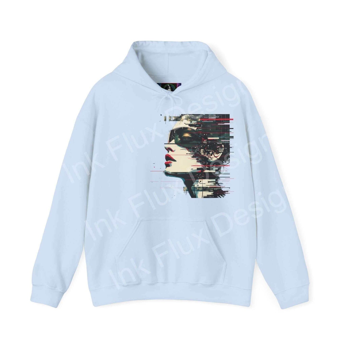 Light blue hooded sweatshirt featuring bold abstract portrait design, ideal for stylish comfort with heavy-blend fabric.
