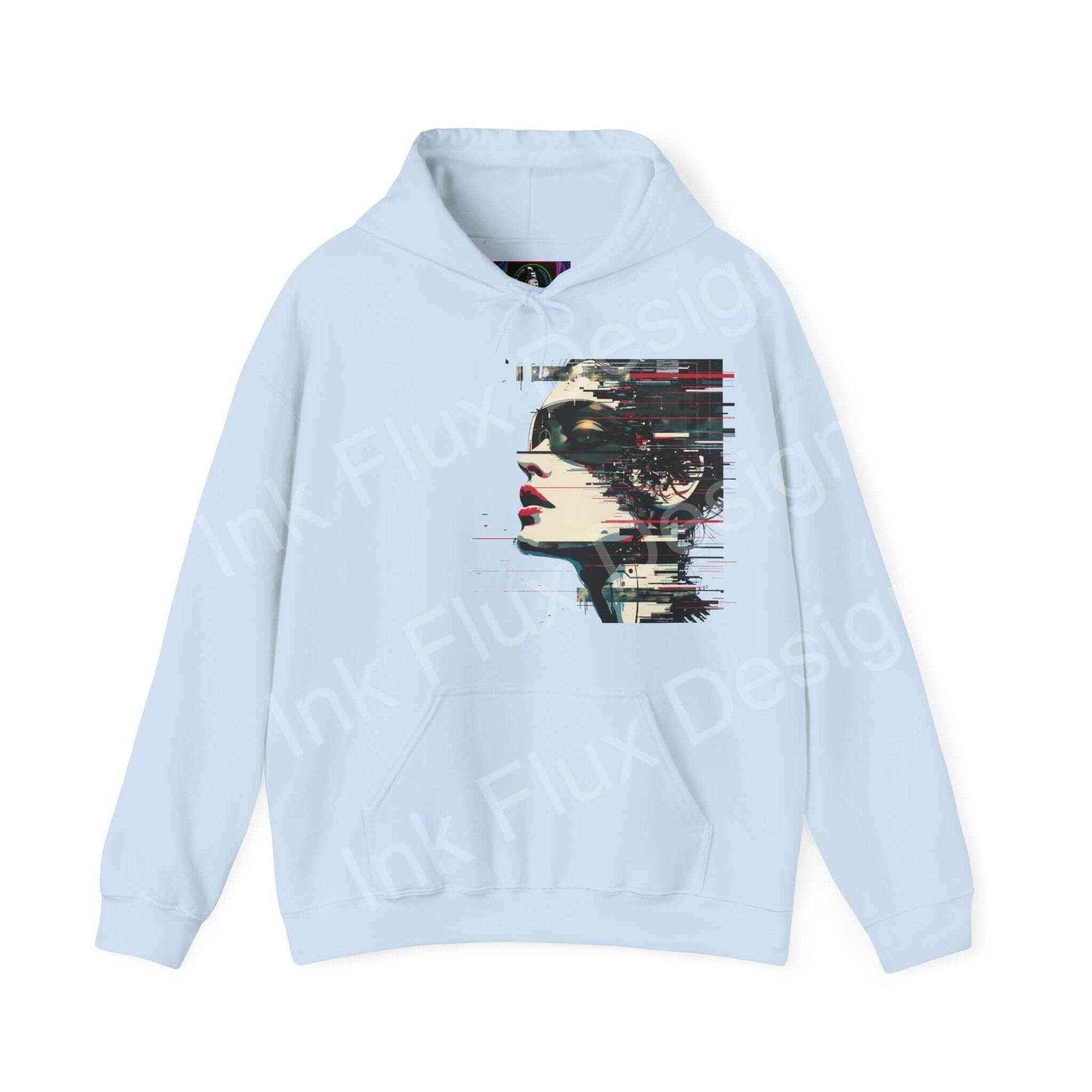 Light blue hooded sweatshirt featuring bold abstract portrait design, ideal for stylish comfort with heavy-blend fabric.