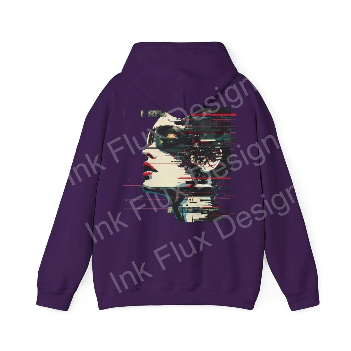 Purple "Abstract Portrait III" hooded sweatshirt with bold graphic design, showcasing a modern, glitch-style face print on back.