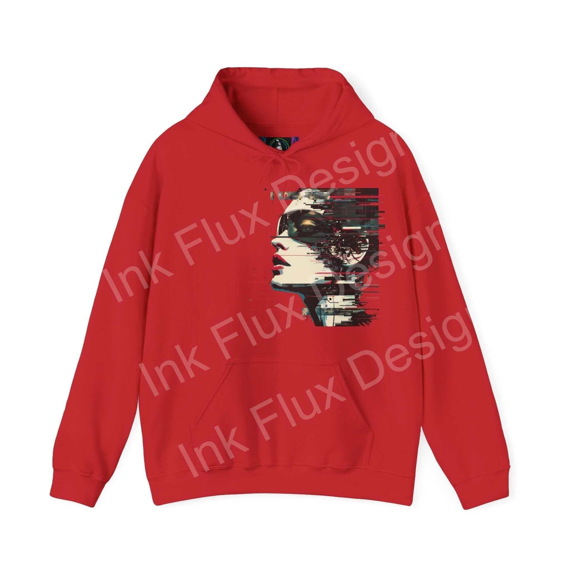 Red hooded sweatshirt featuring an abstract portrait graphic in a bold design, ideal for chilly days, showcasing a blend of style and comfort.