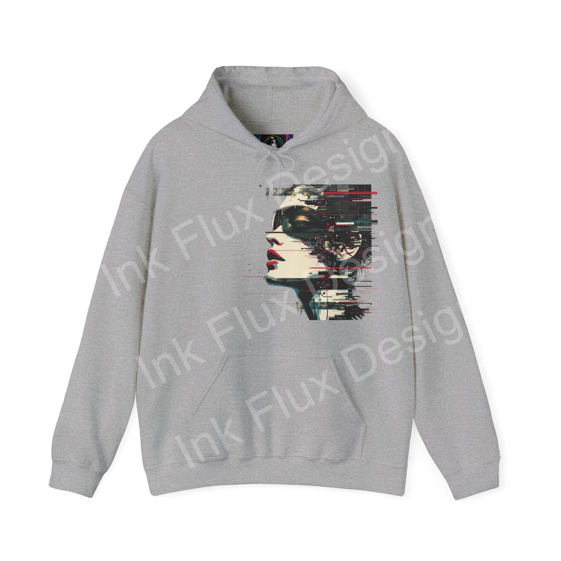 Abstract Portrait III hooded sweatshirt in gray, featuring a bold, graphic design on the chest, ideal for stylish comfort.