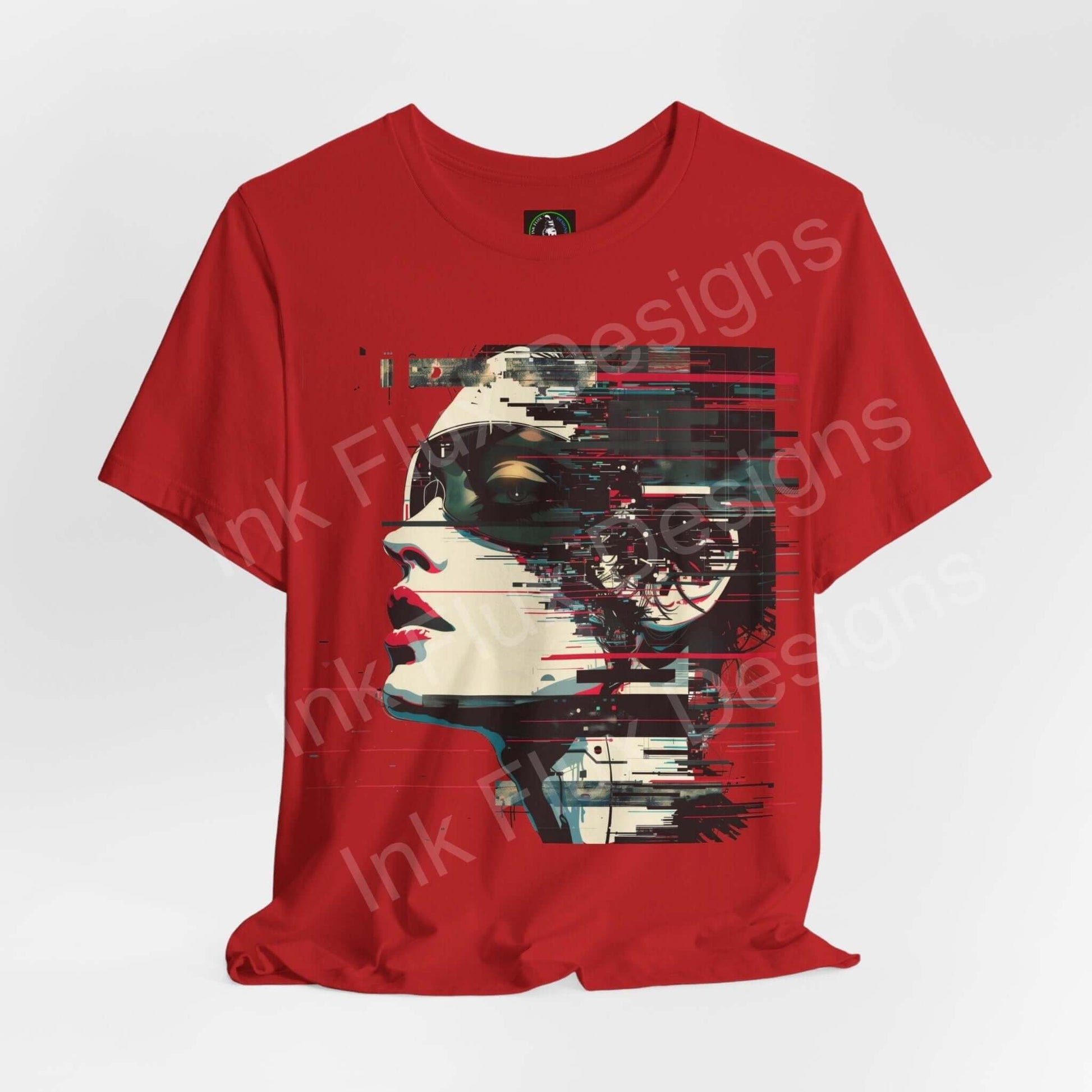 Red unisex T-shirt featuring a cyberpunk style graphic of an abstract portrait on the front, from Bella+Canvas.