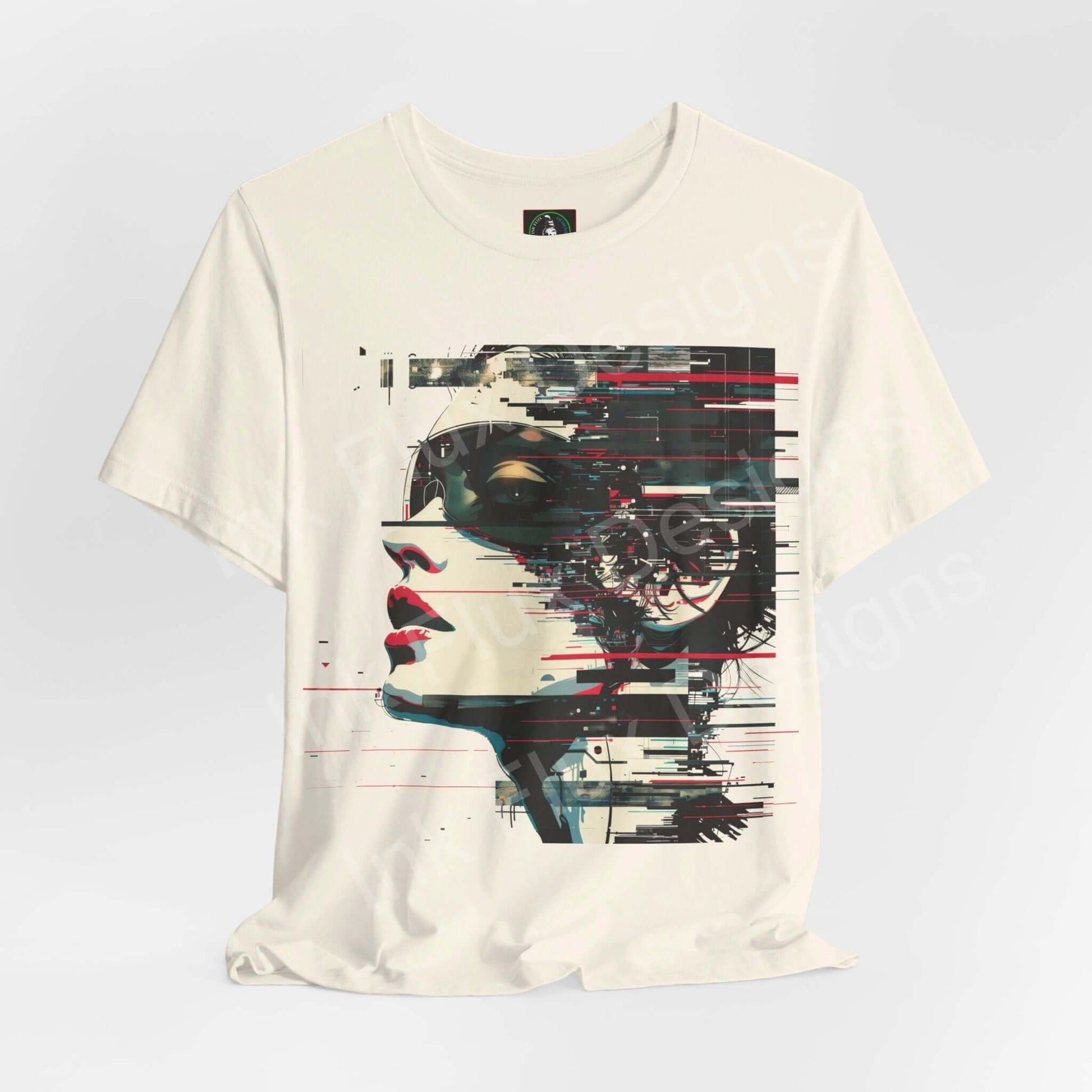 White unisex jersey t-shirt featuring a vibrant cyberpunk graphic print, Abstract Portrait III, with glitch art elements and a modern aesthetic.